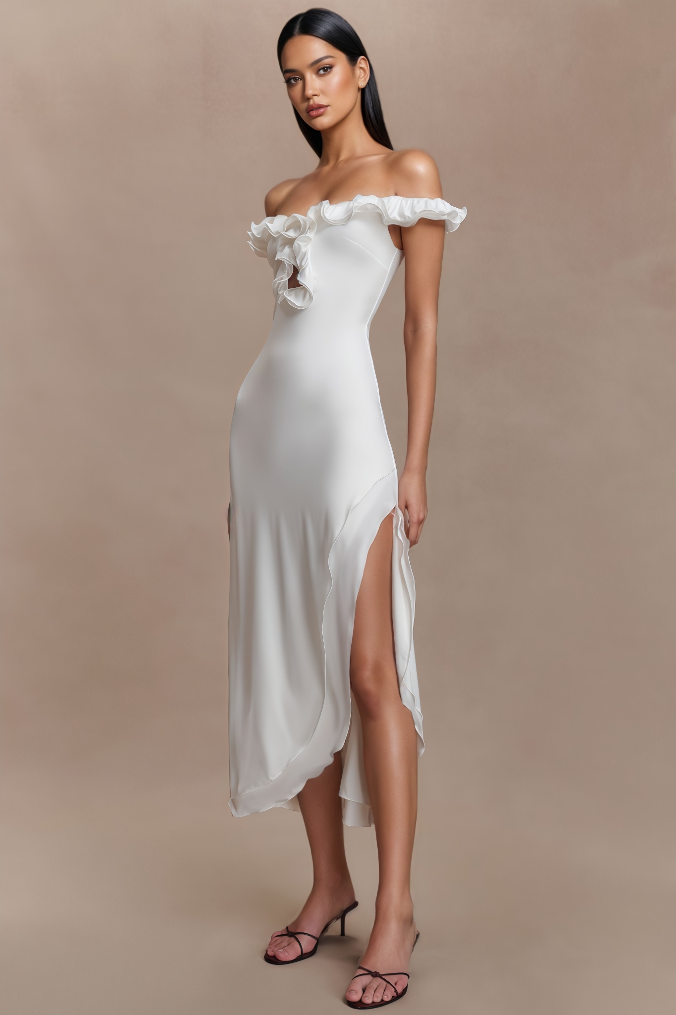 Darius White Off The Shoulder Ruffle Midi Dress