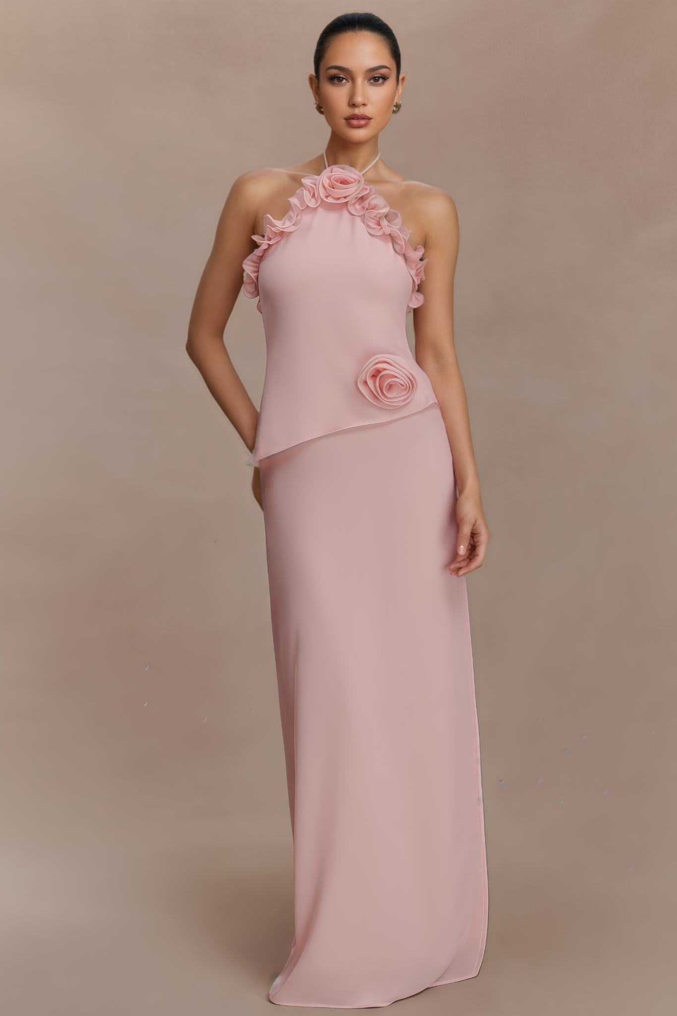 Baffren Pink 3D Floral Maxi Dress