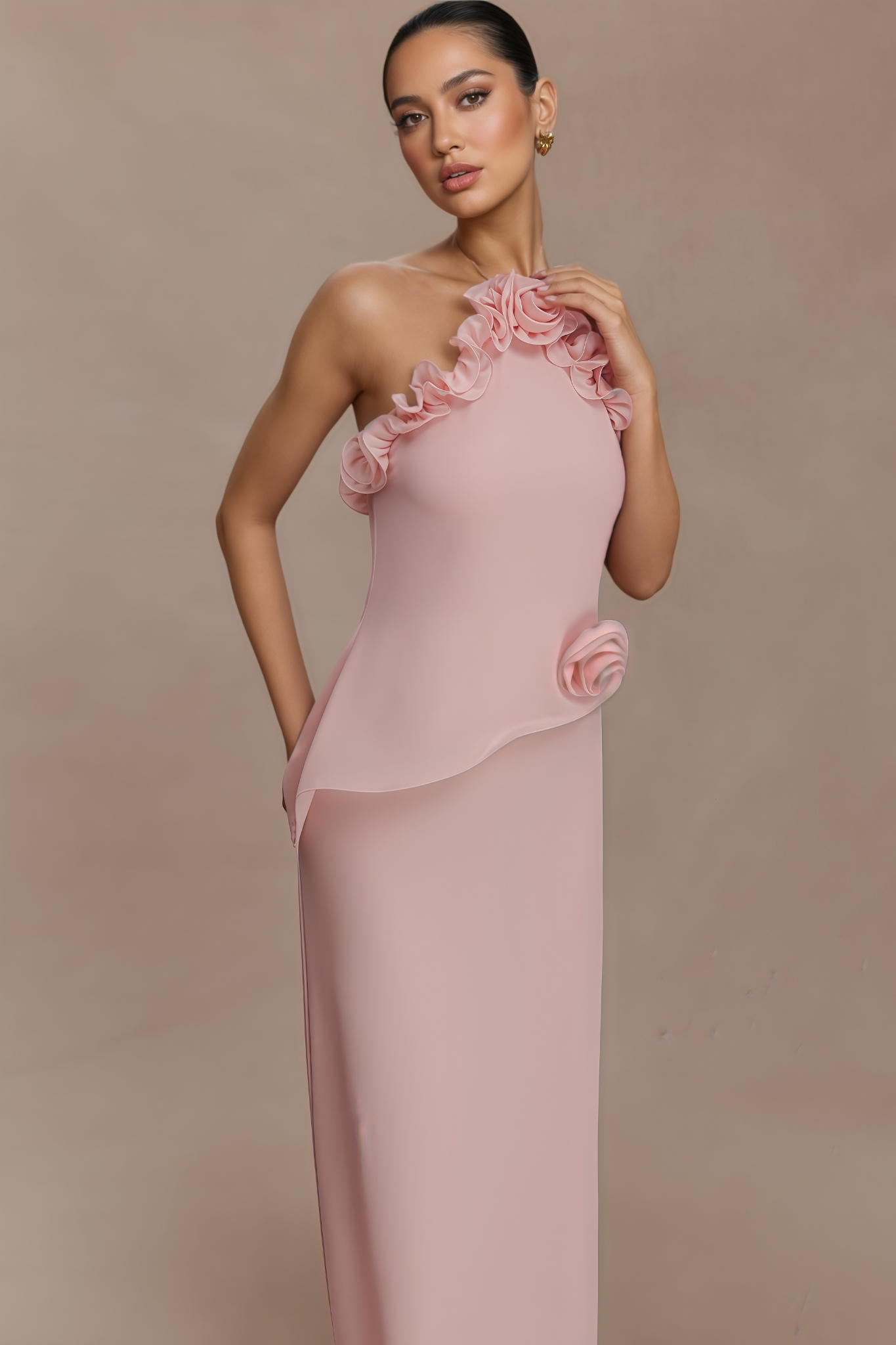 Baffren Pink 3D Floral Maxi Dress