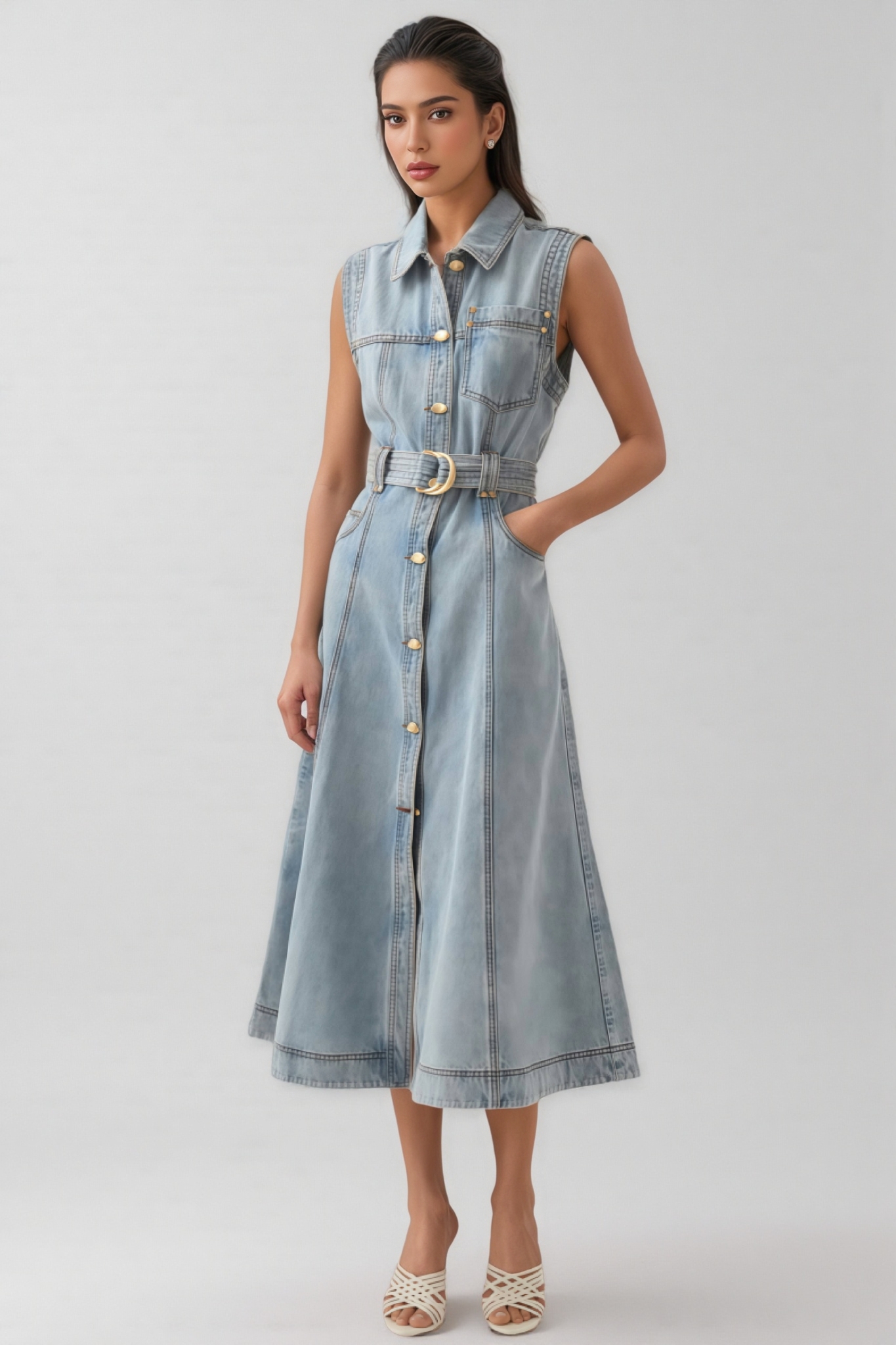 Ivetha Denim Tie-Waist Midi Dress