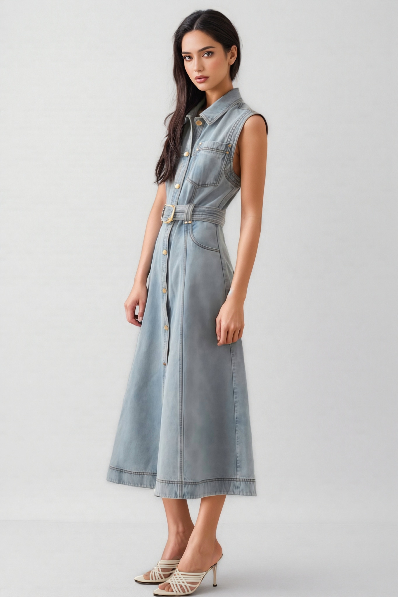 Ivetha Denim Tie-Waist Midi Dress