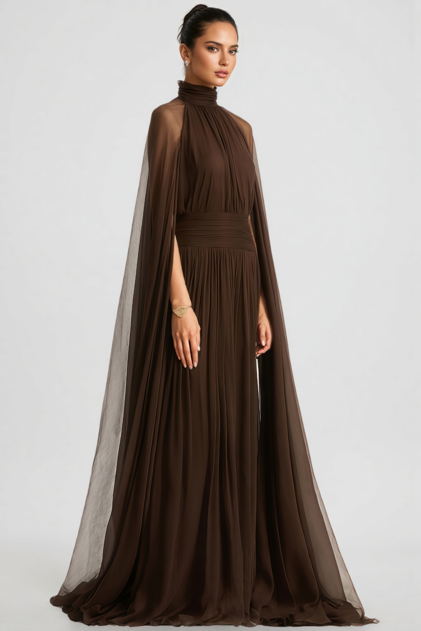 Hiram Mesh High-Neck Bow Maxi Dress