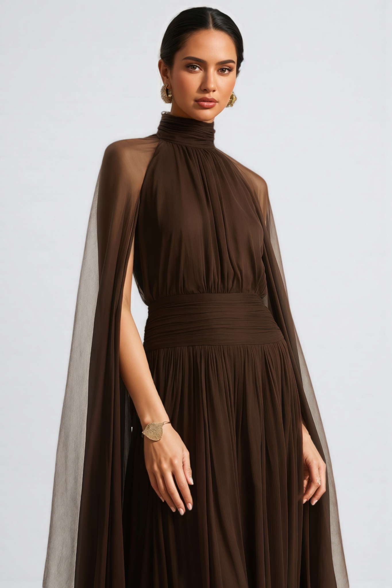 Hiram Mesh High-Neck Bow Maxi Dress