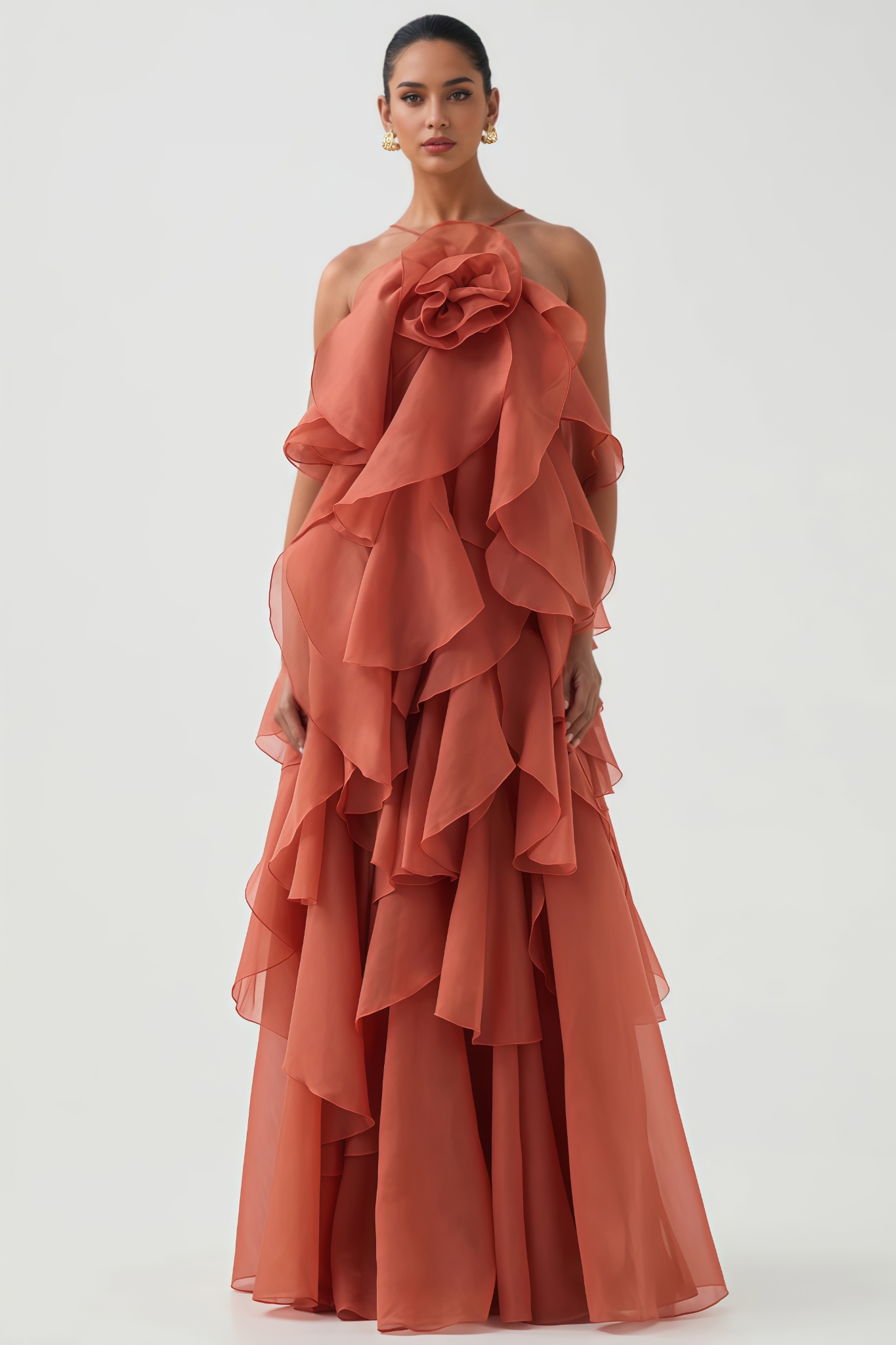 Unnoy Halter Neck 3D Flower Maxi Dress