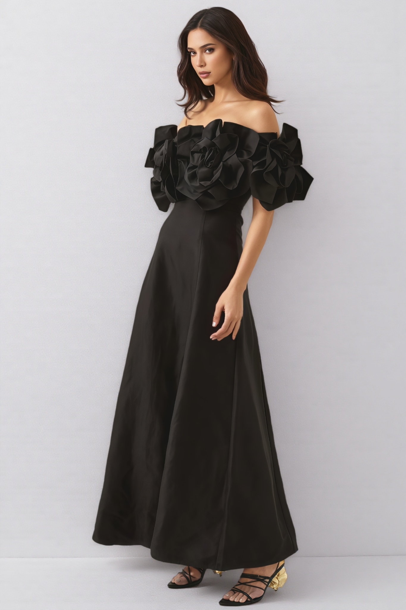 Paca Black Strapless 3D Floral Maxi Dress