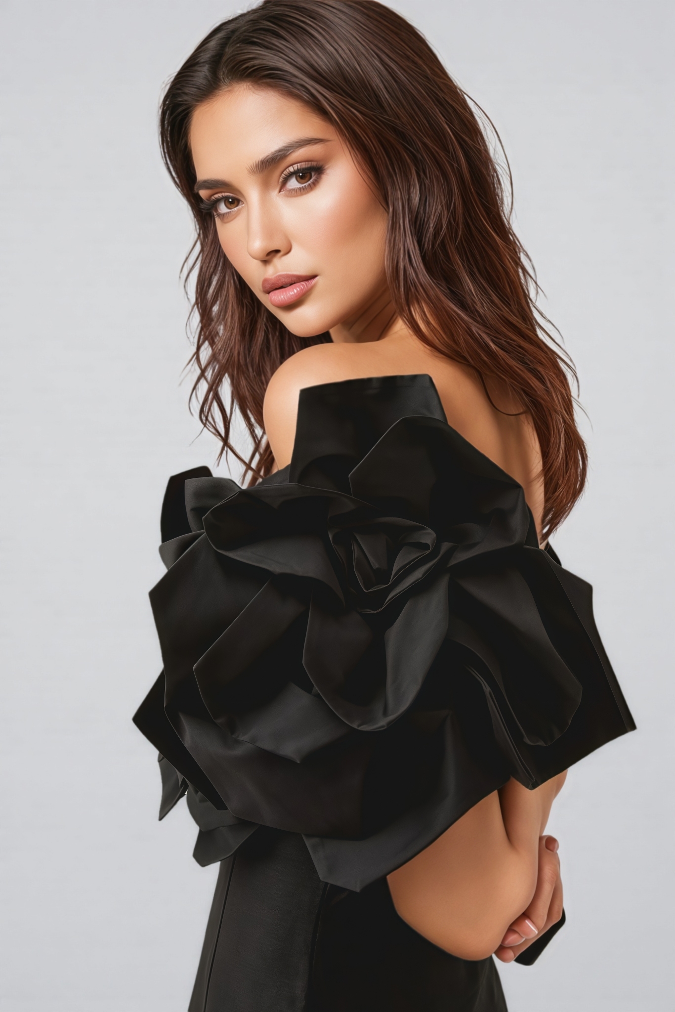 Paca Black Strapless 3D Floral Maxi Dress