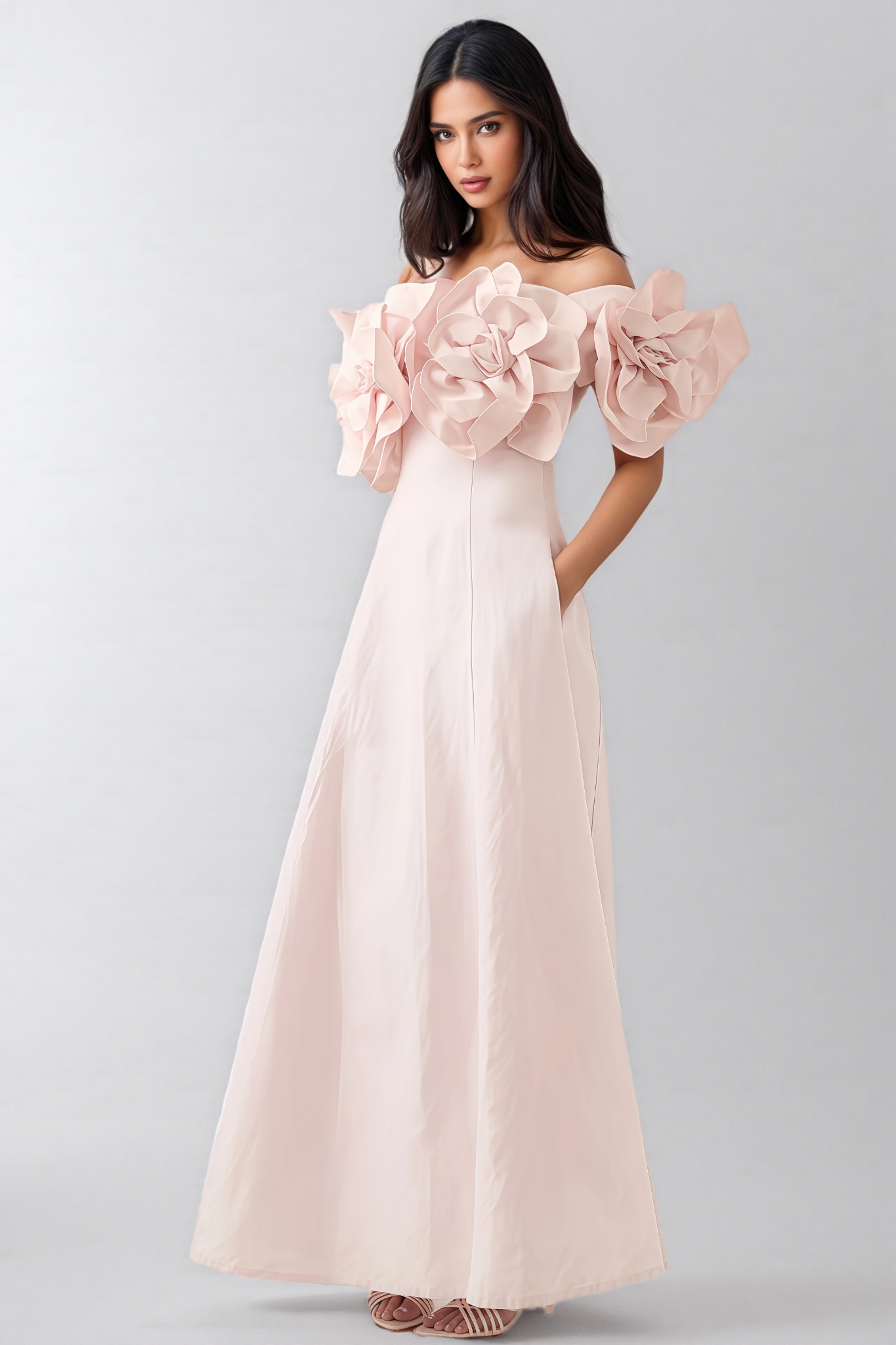 Alreem Pink Strapless 3D Floral Maxi Dress