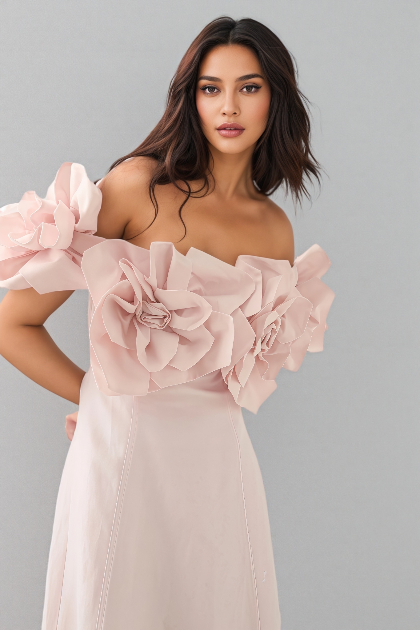 Alreem Pink Strapless 3D Floral Maxi Dress