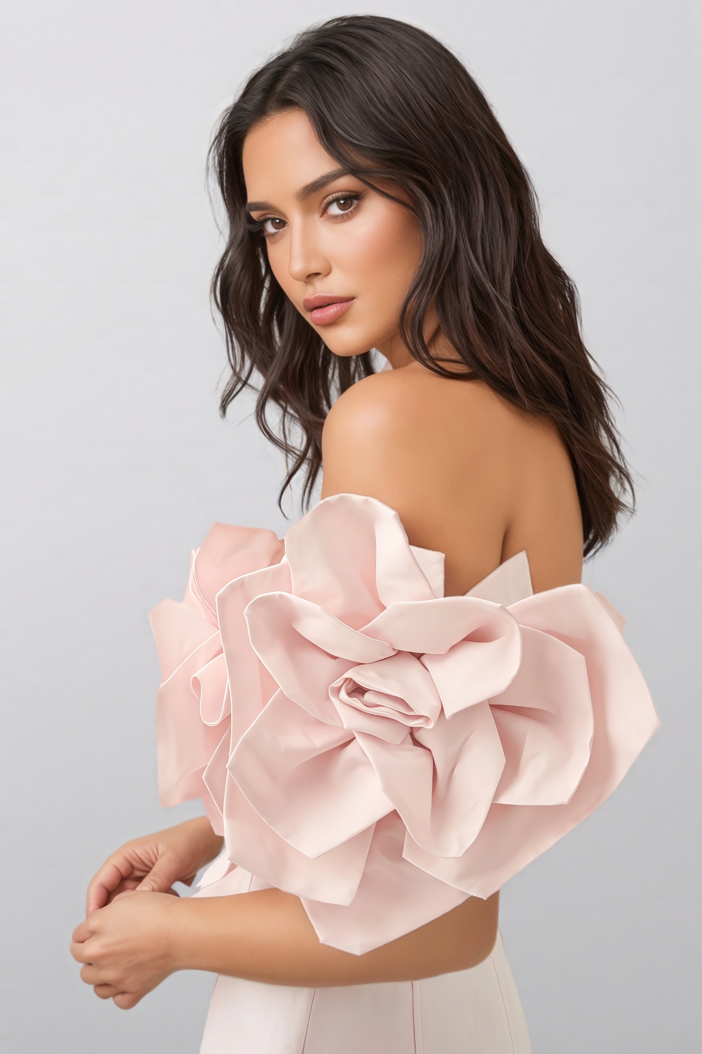 Alreem Pink Strapless 3D Floral Maxi Dress