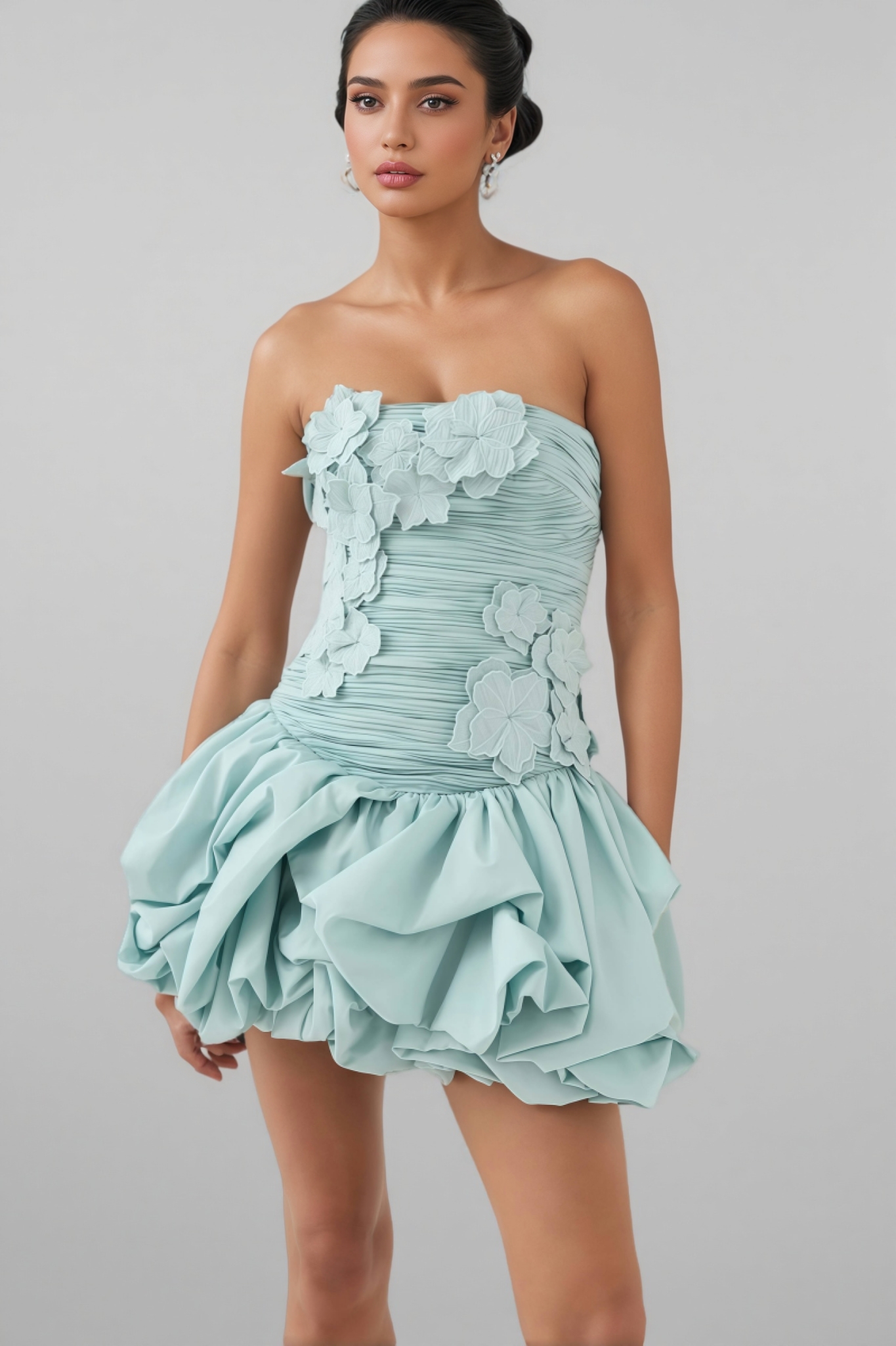 Rylerd Strapless 3D Flower Puff Mini Dress