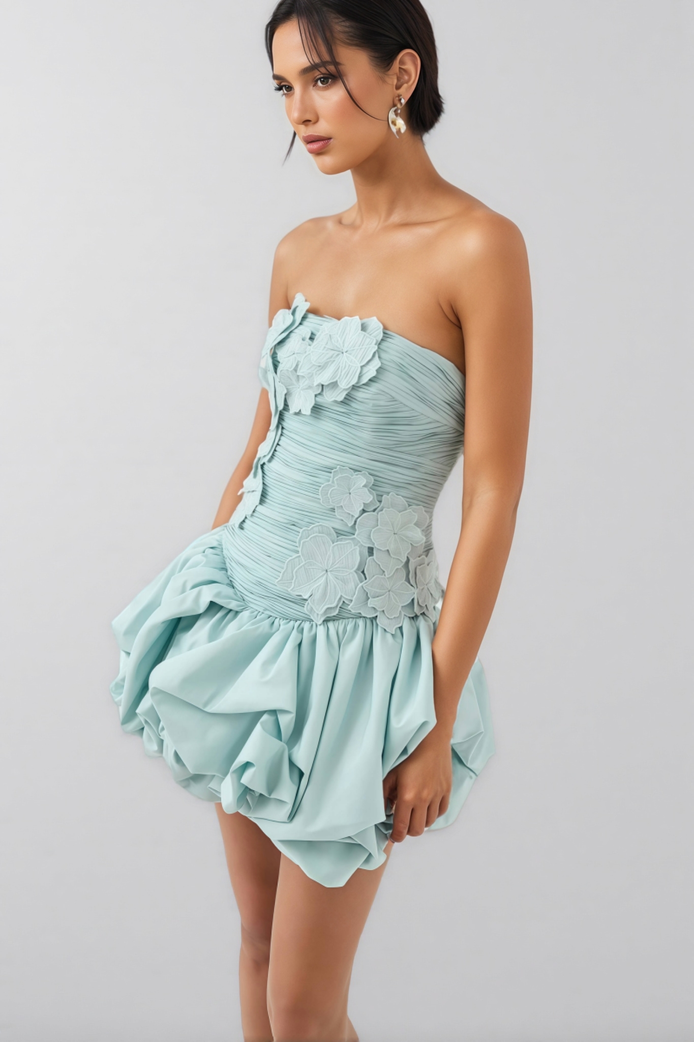 Rylerd Strapless 3D Flower Puff Mini Dress