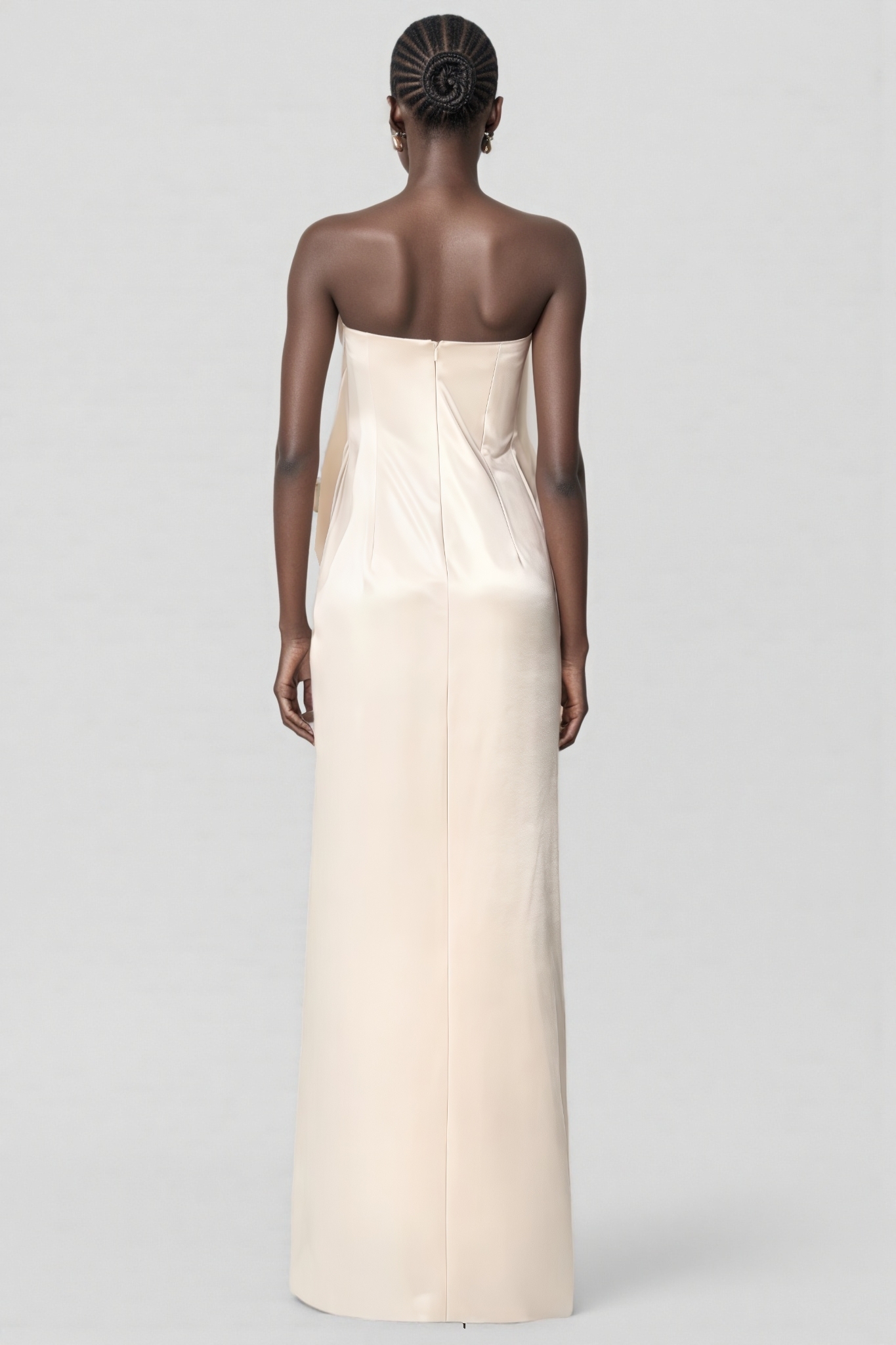Remus Beige Strapless Slit Satin Maxi Dress
