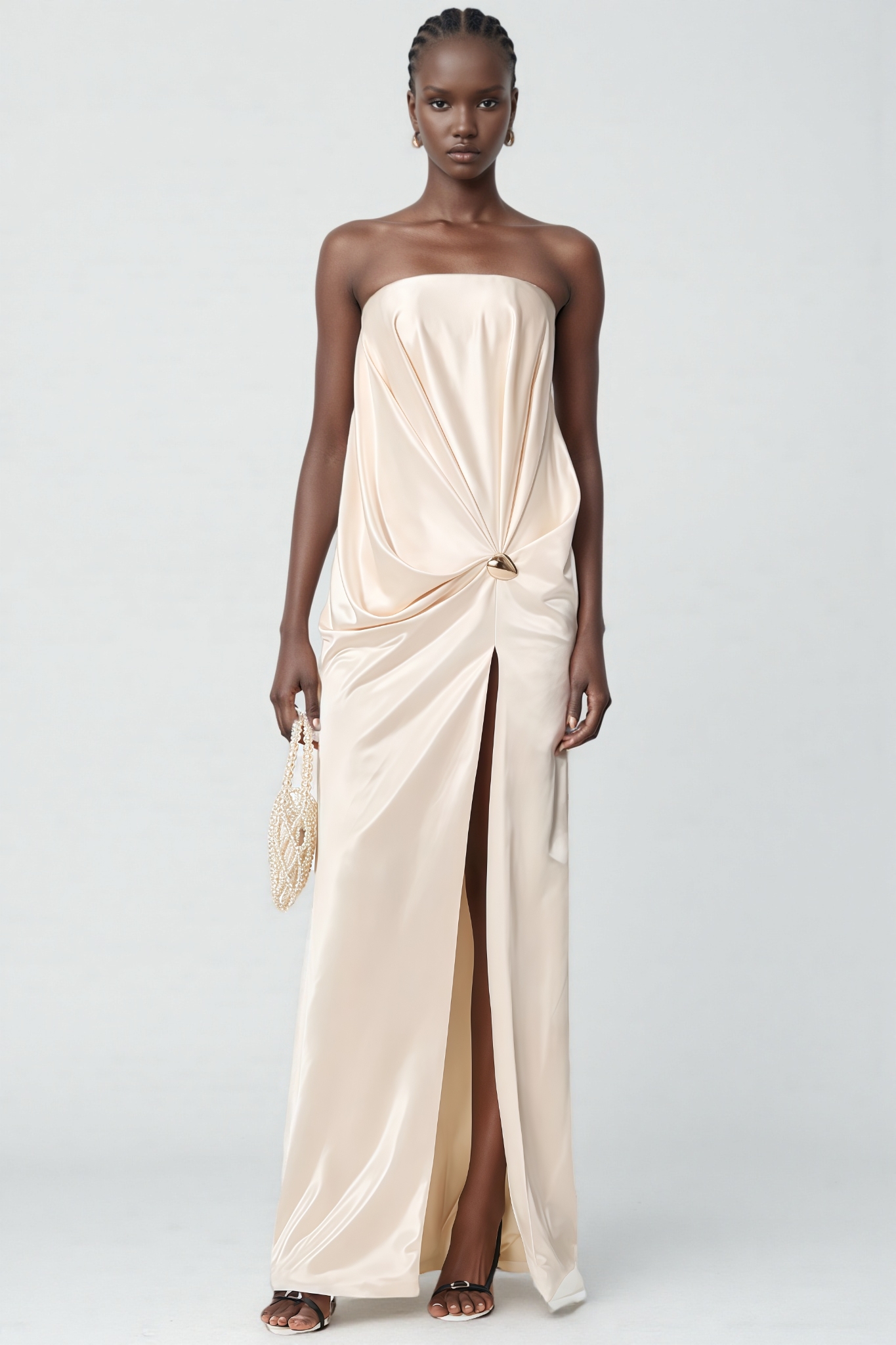 Remus Beige Strapless Slit Satin Maxi Dress