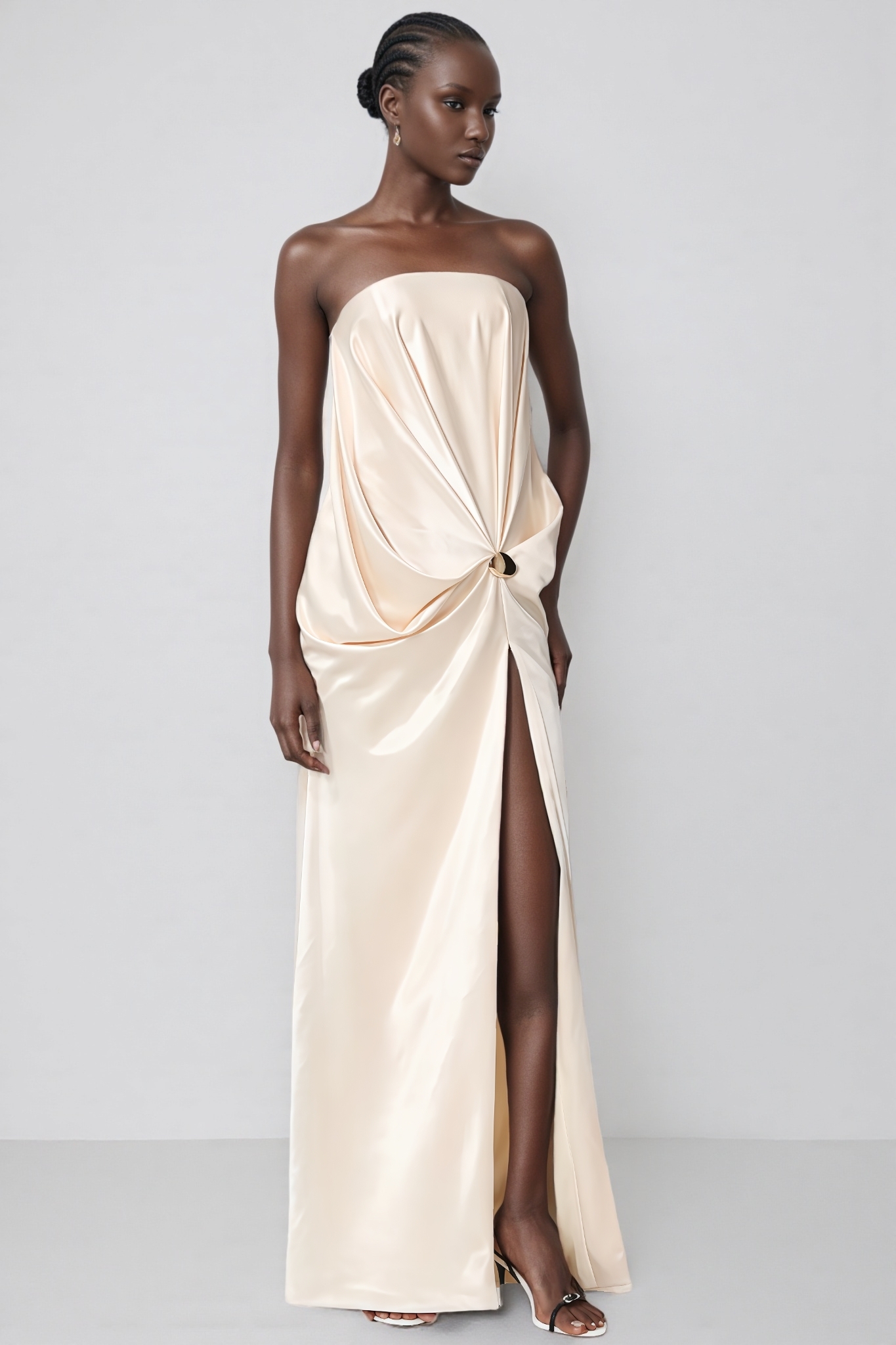 Remus Beige Strapless Slit Satin Maxi Dress