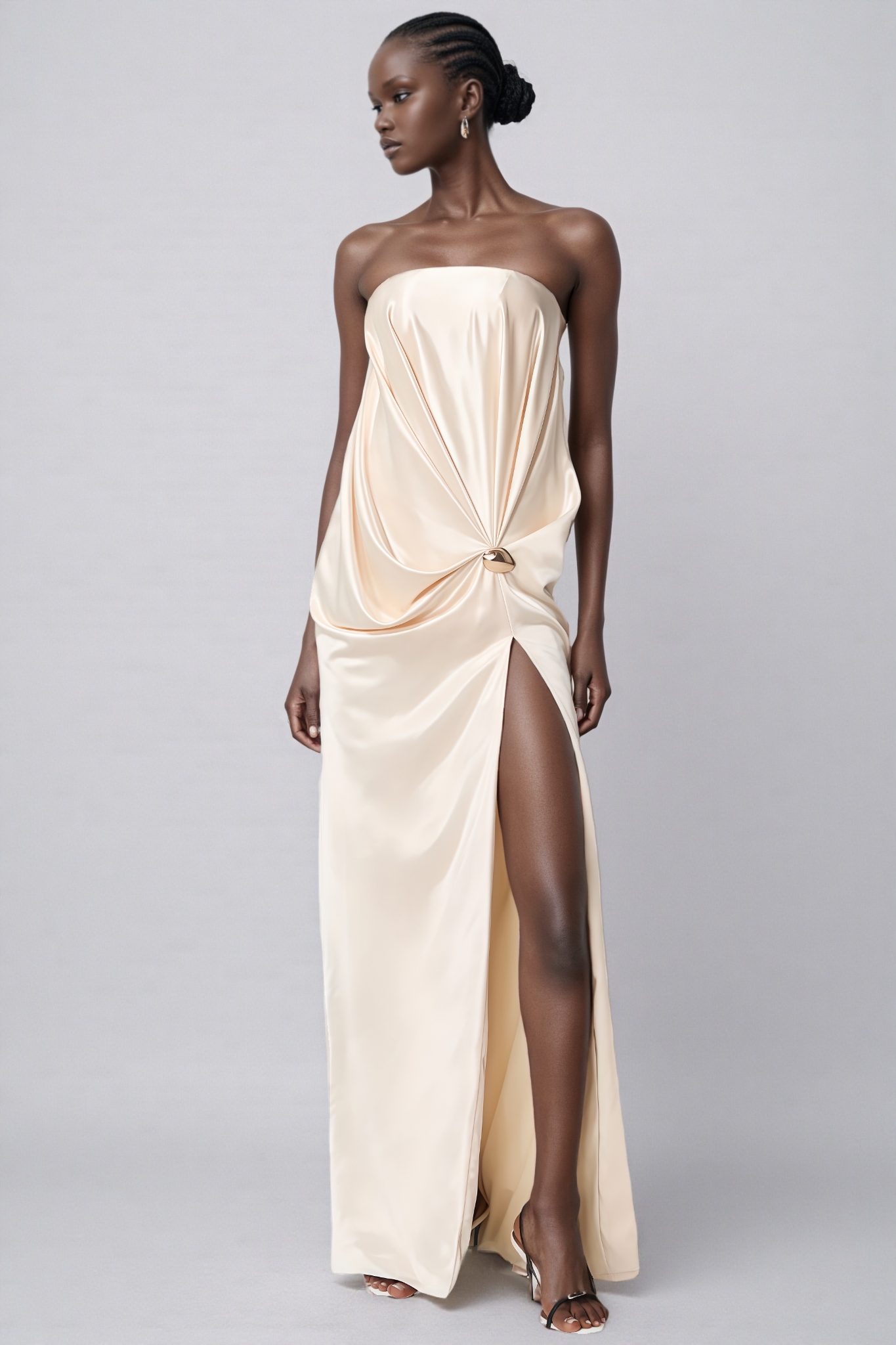 Remus Beige Strapless Slit Satin Maxi Dress