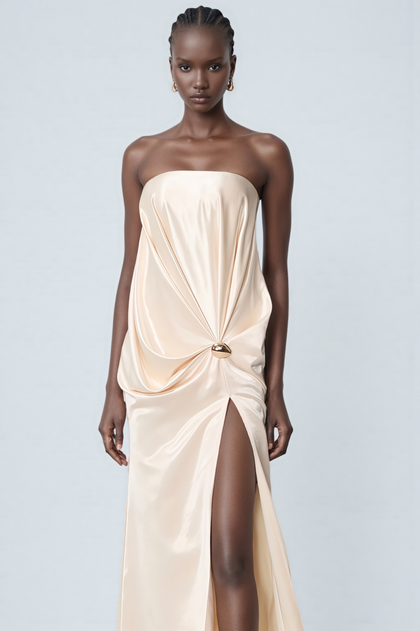 Remus Beige Strapless Slit Satin Maxi Dress