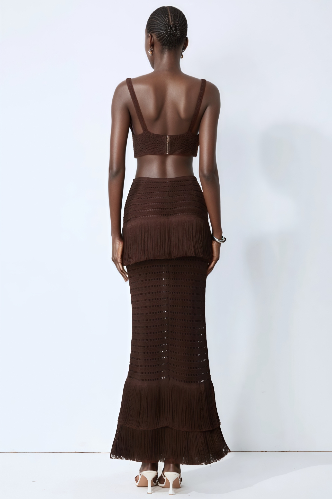 Vrinta Brown Knit Top Fringe Maxi Dress Set