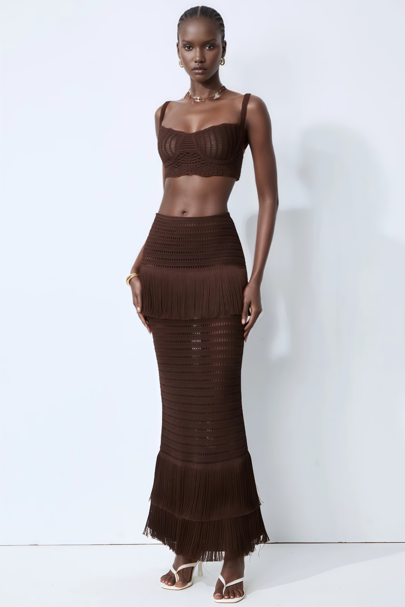 Vrinta Brown Knit Top Fringe Maxi Dress Set