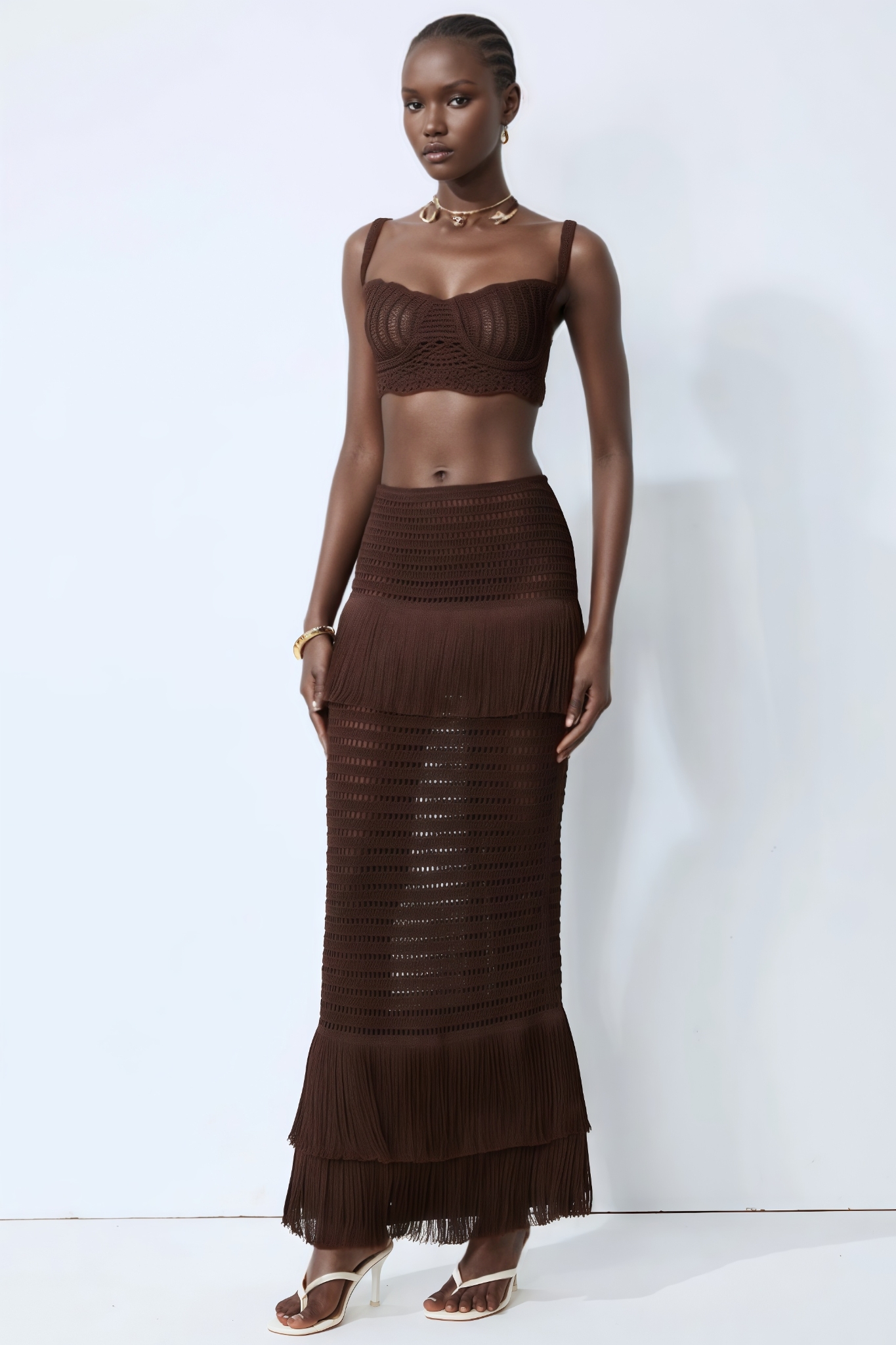 Vrinta Brown Knit Top Fringe Maxi Dress Set
