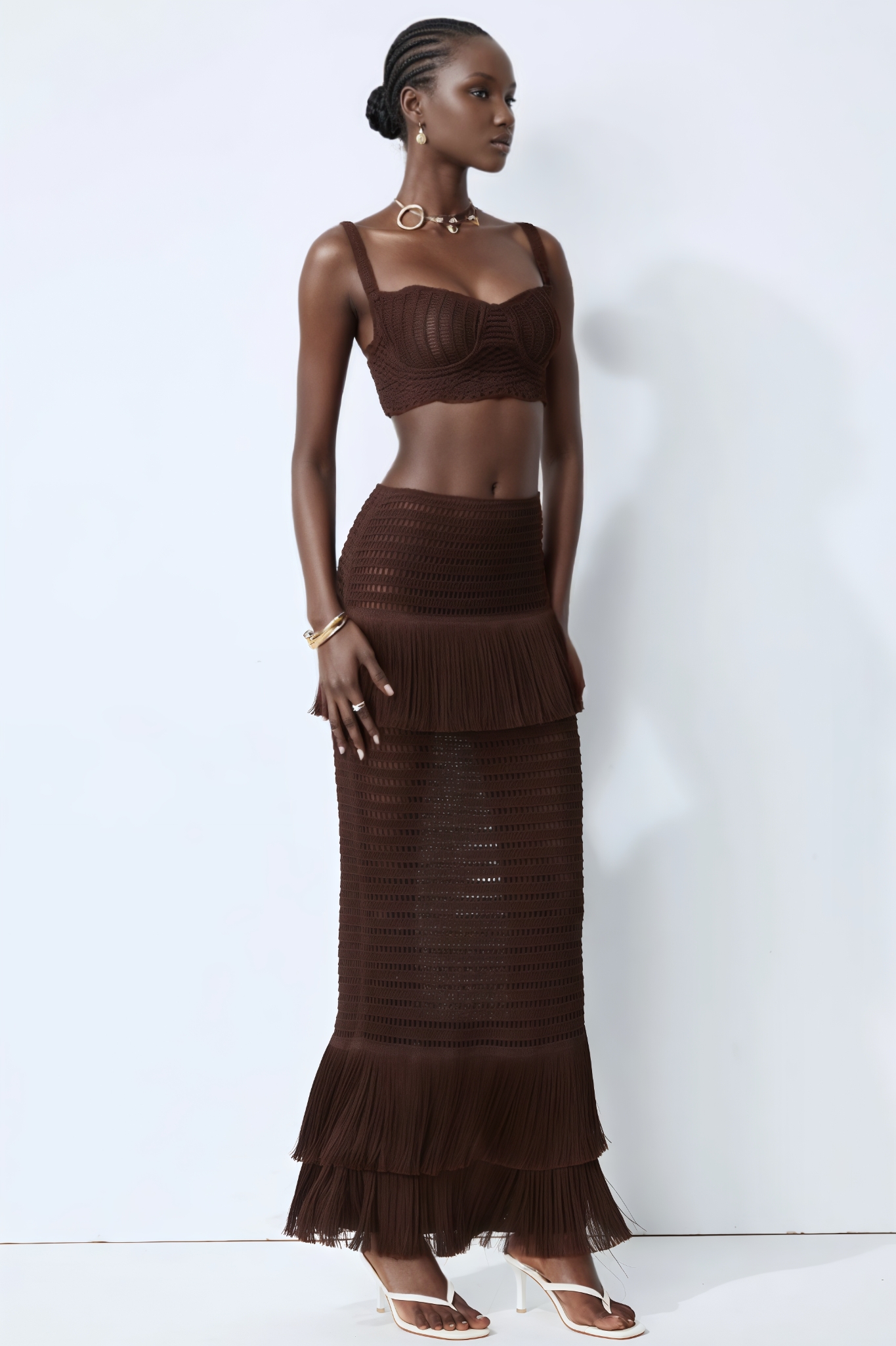 Vrinta Brown Knit Top Fringe Maxi Dress Set