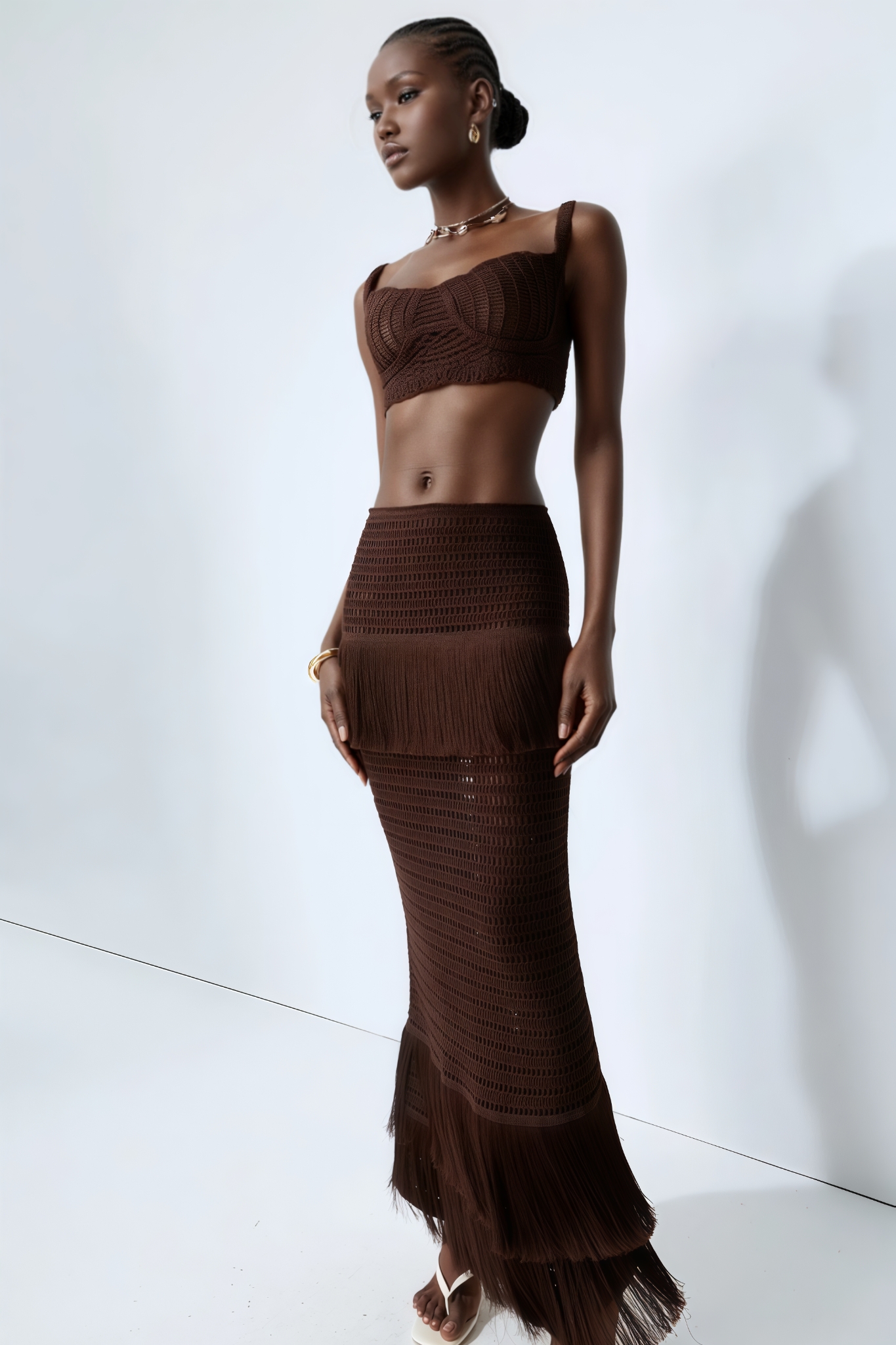 Vrinta Brown Knit Top Fringe Maxi Dress Set