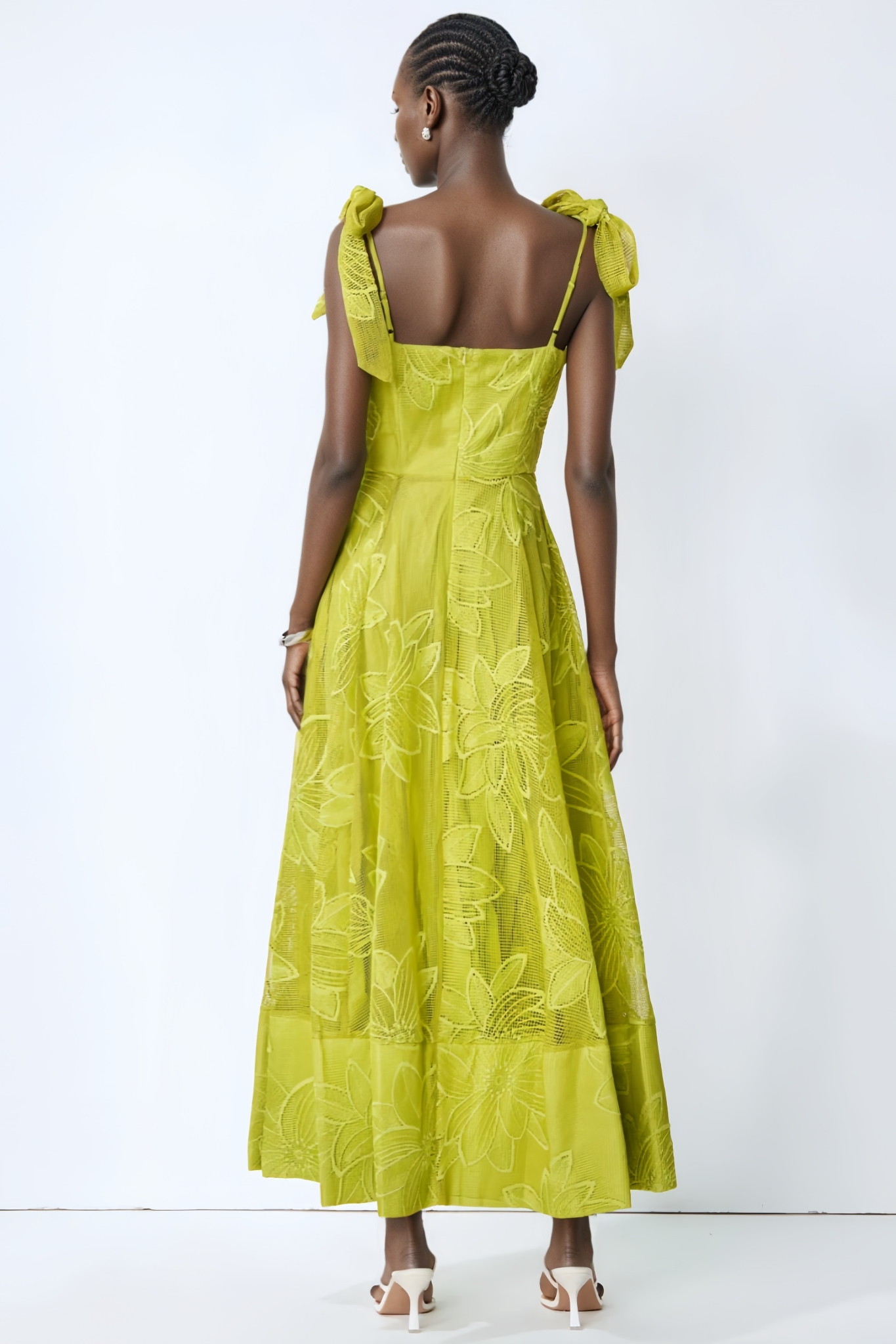 Allany Green Floral Lace Bow Strap Maxi Dress