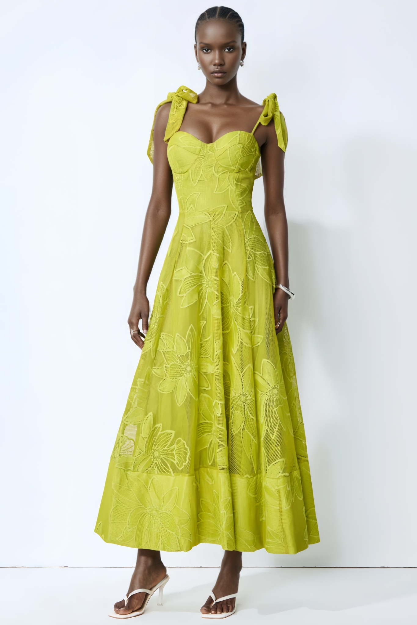 Allany Green Floral Lace Bow Strap Maxi Dress