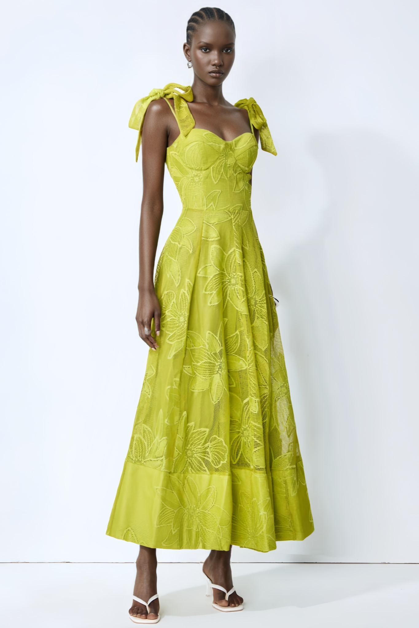 Allany Green Floral Lace Bow Strap Maxi Dress