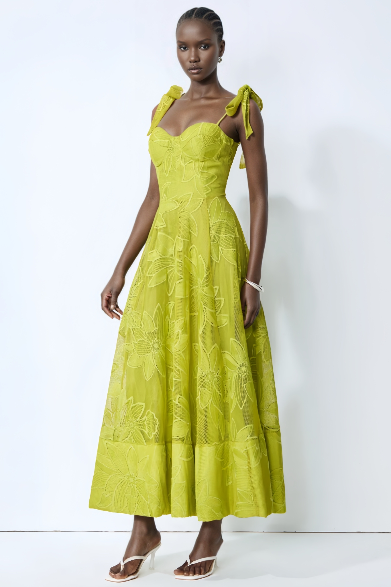 Allany Green Floral Lace Bow Strap Maxi Dress