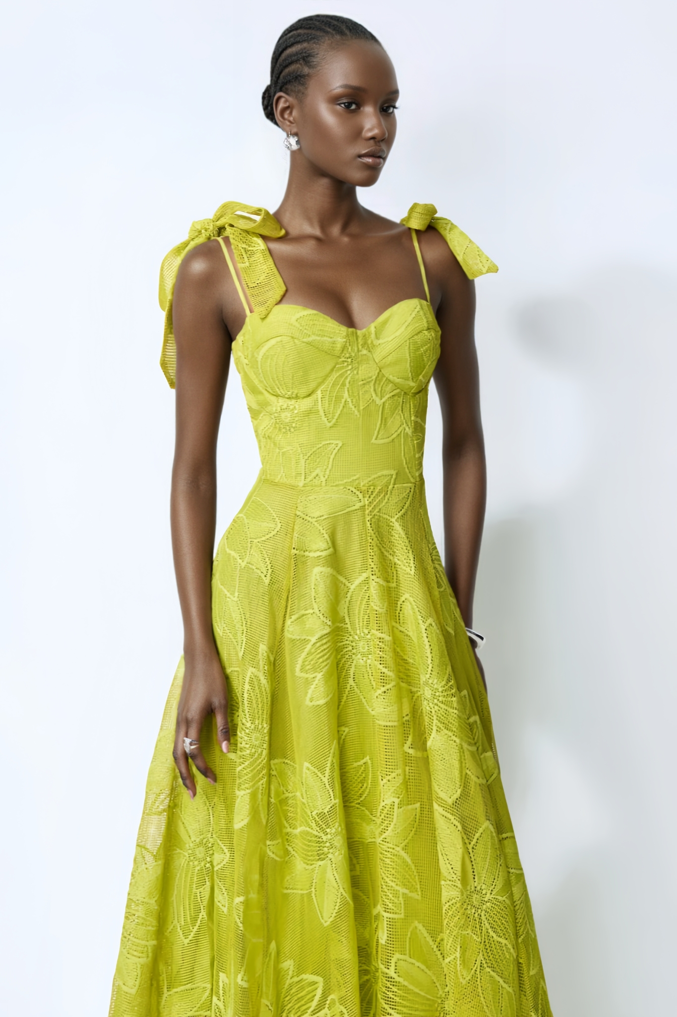 Allany Green Floral Lace Bow Strap Maxi Dress