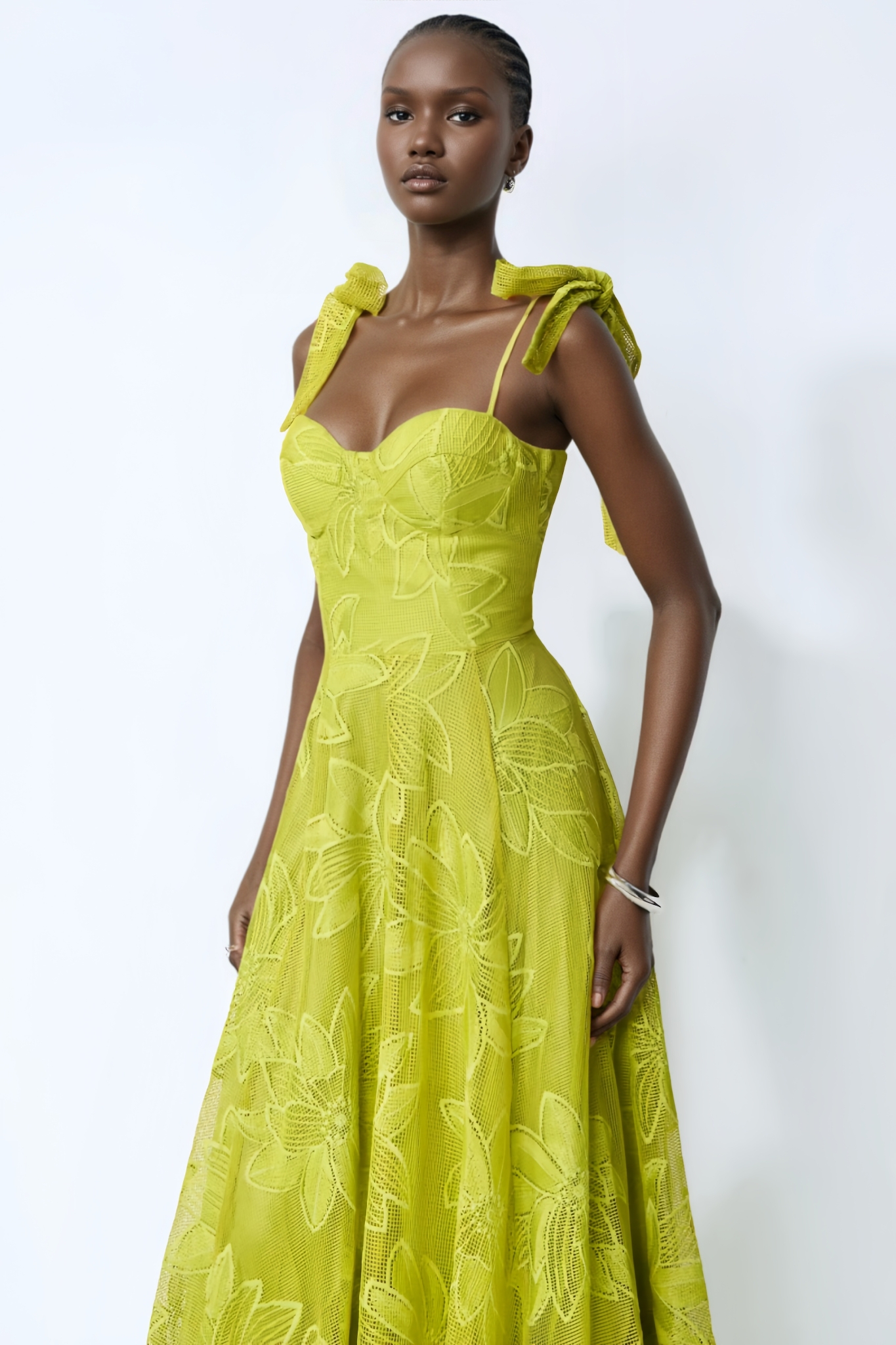 Allany Green Floral Lace Bow Strap Maxi Dress