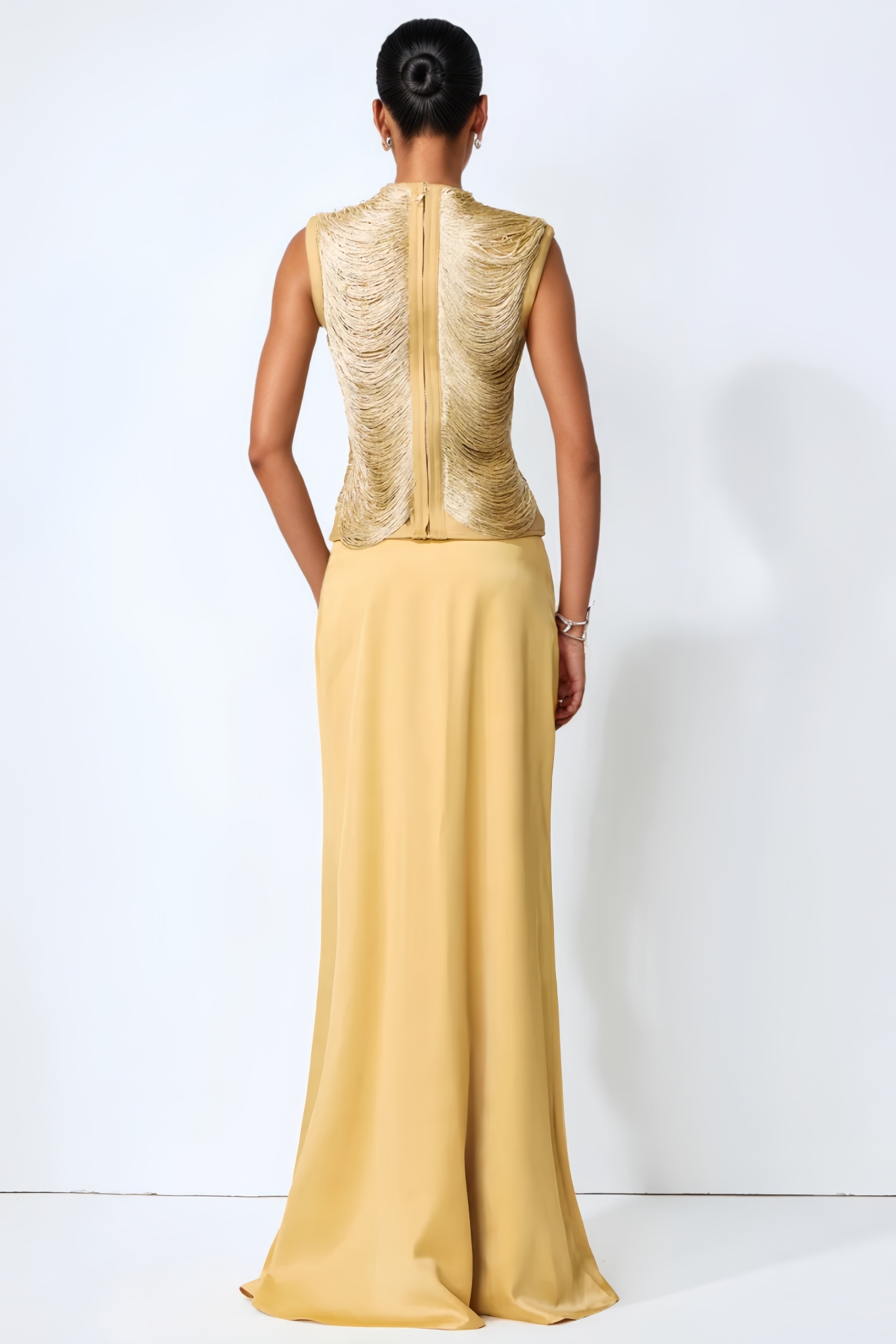 Horiy Gold Sleeveless Fringe Top Maxi Dress Set