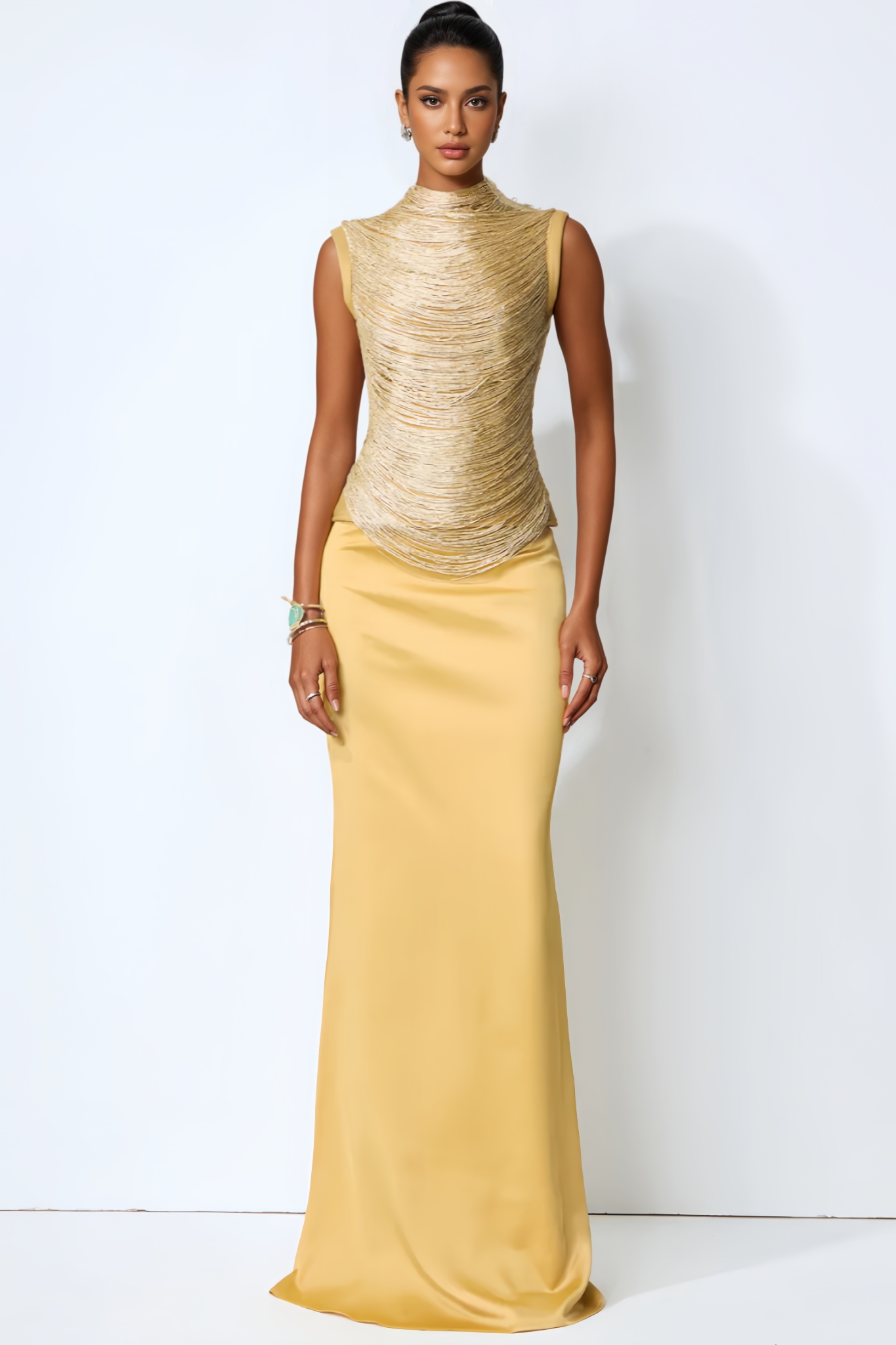Horiy Gold Sleeveless Fringe Top Maxi Dress Set