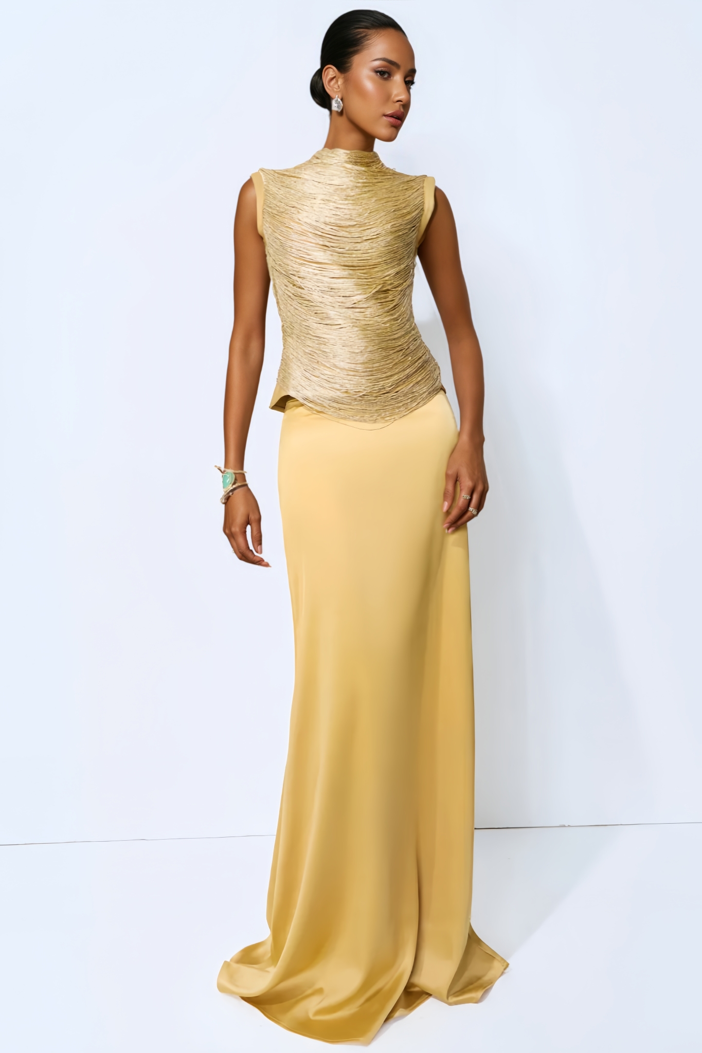Horiy Gold Sleeveless Fringe Top Maxi Dress Set