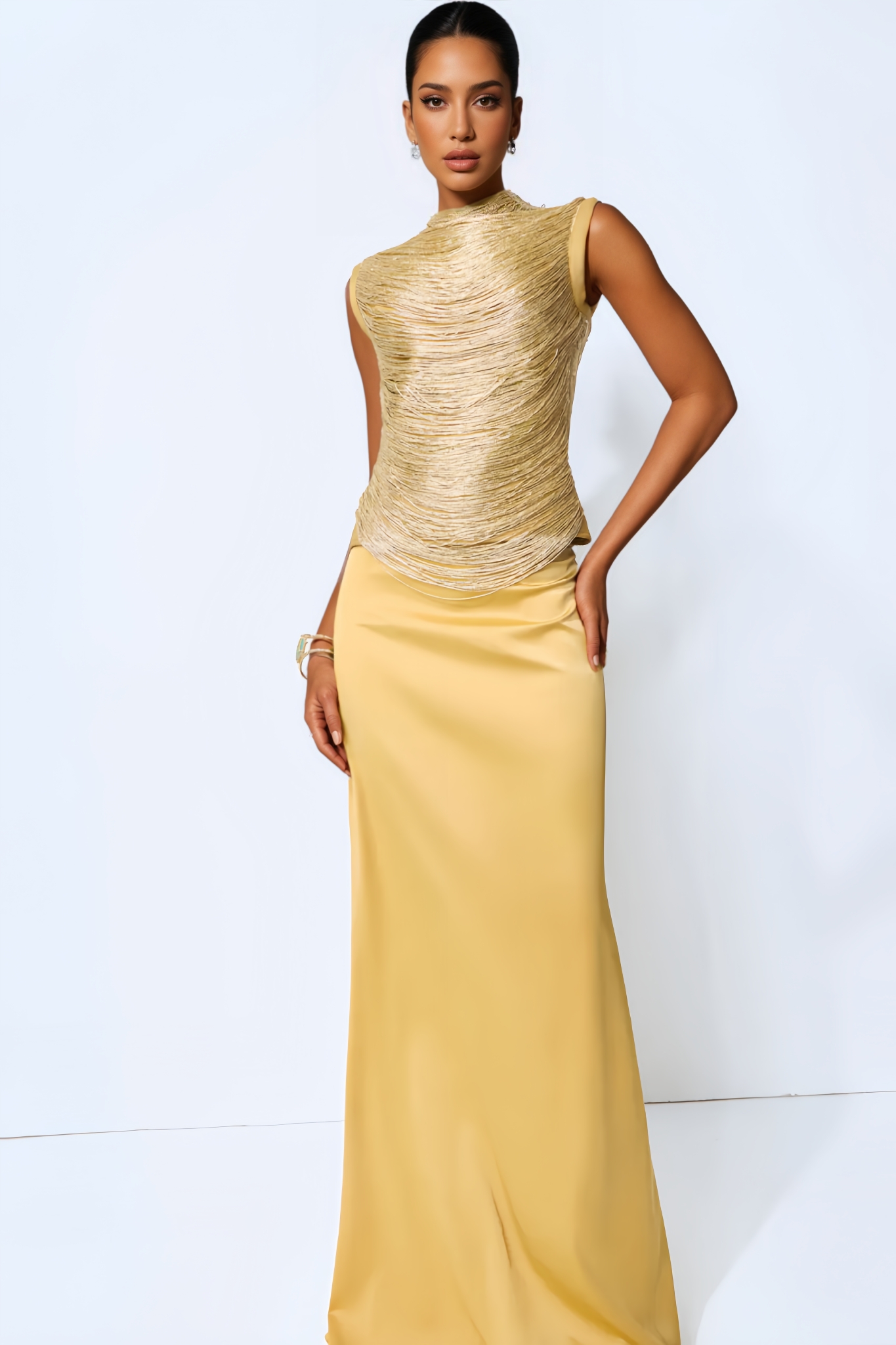 Horiy Gold Sleeveless Fringe Top Maxi Dress Set