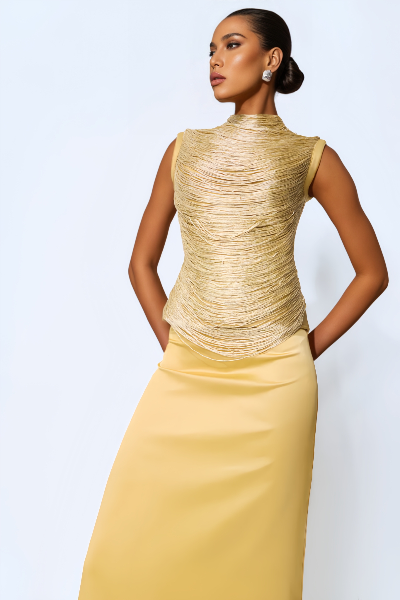 Horiy Gold Sleeveless Fringe Top Maxi Dress Set