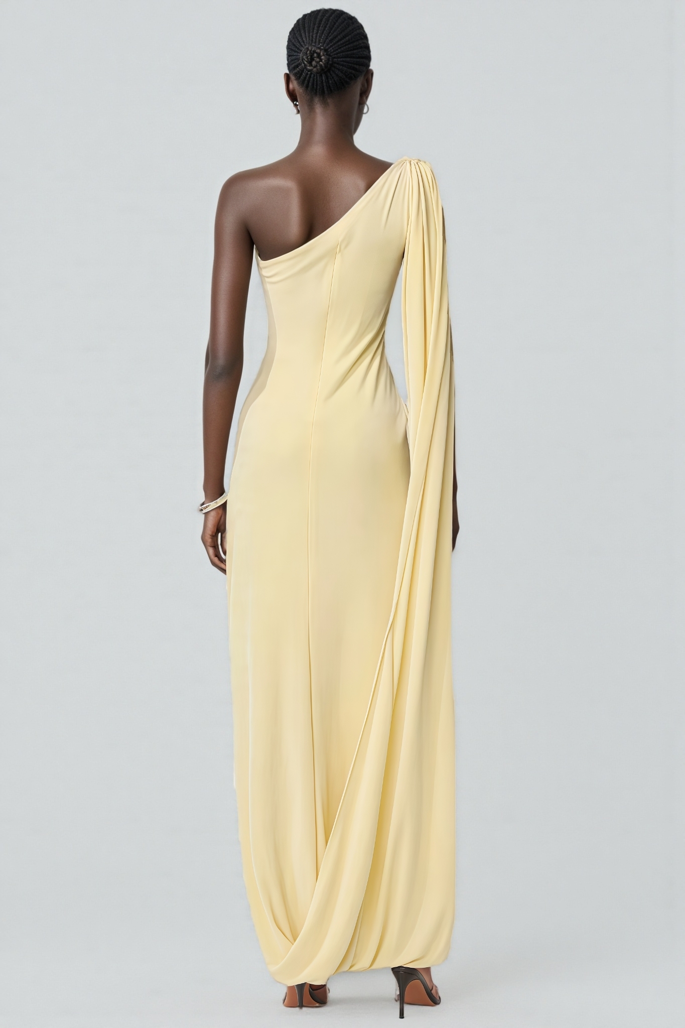 Wransa Yellow One Shoulder Draped Maxi Dress