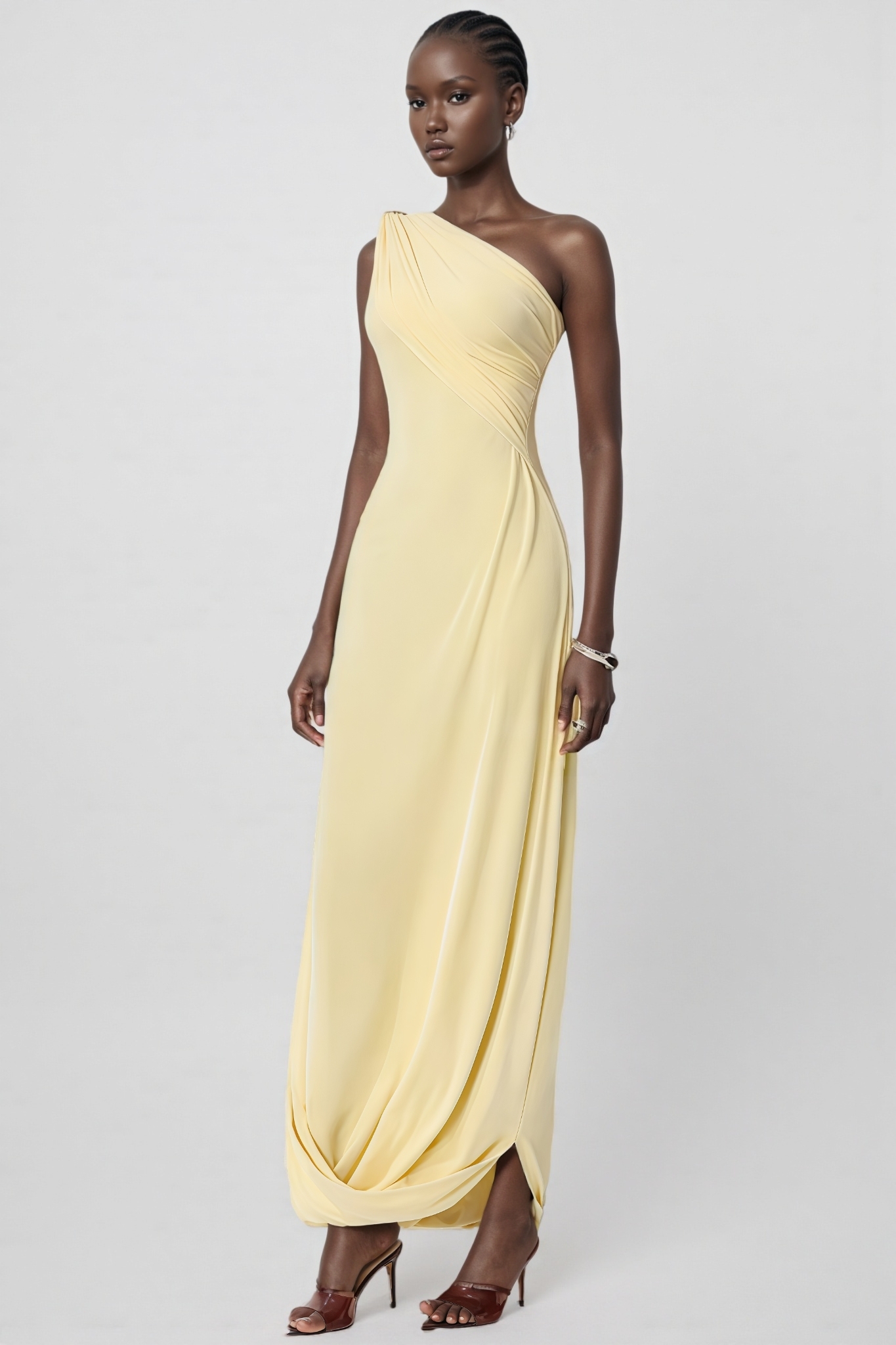 Wransa Yellow One Shoulder Draped Maxi Dress