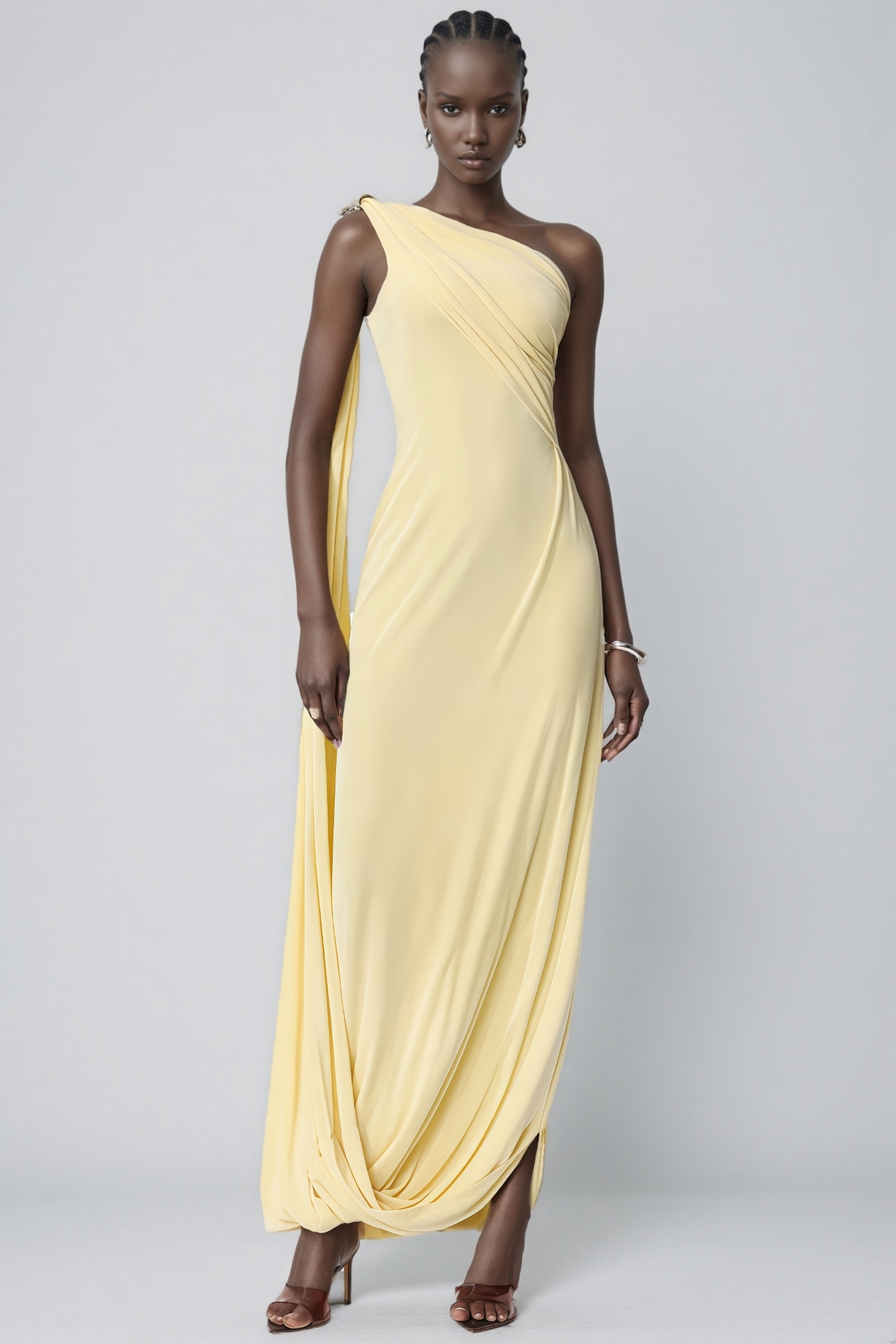Wransa Yellow One Shoulder Draped Maxi Dress