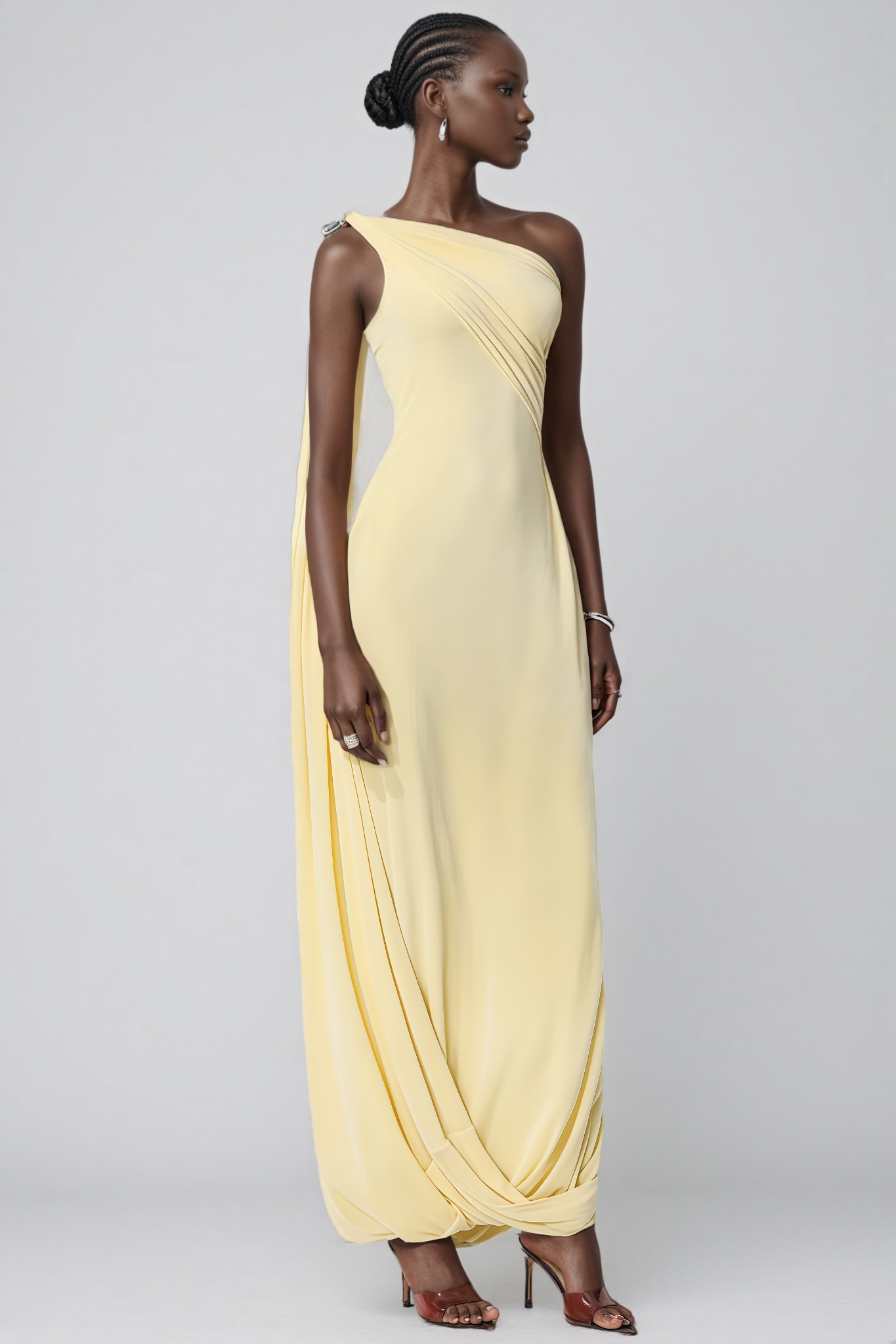 Wransa Yellow One Shoulder Draped Maxi Dress