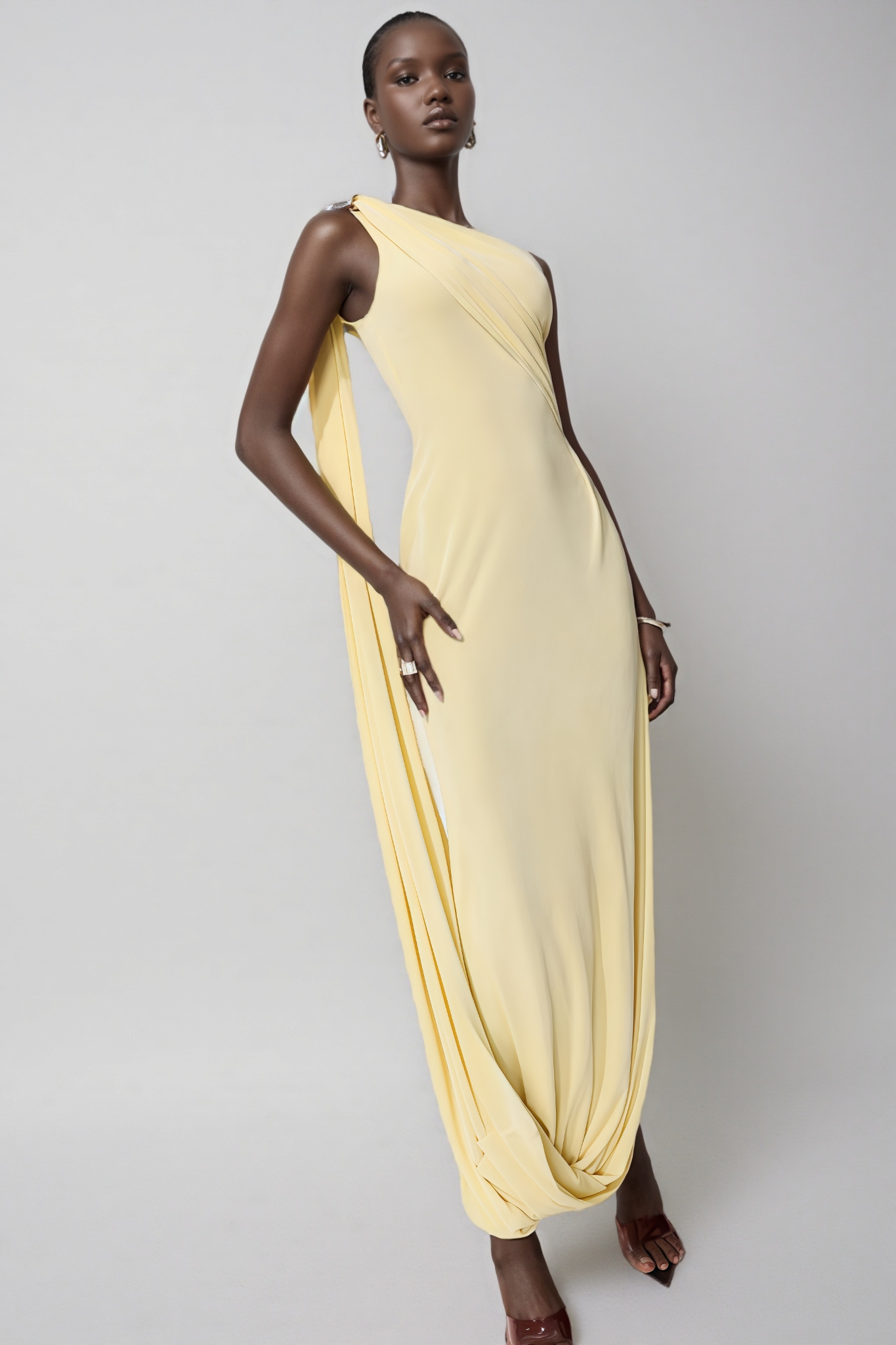 Wransa Yellow One Shoulder Draped Maxi Dress