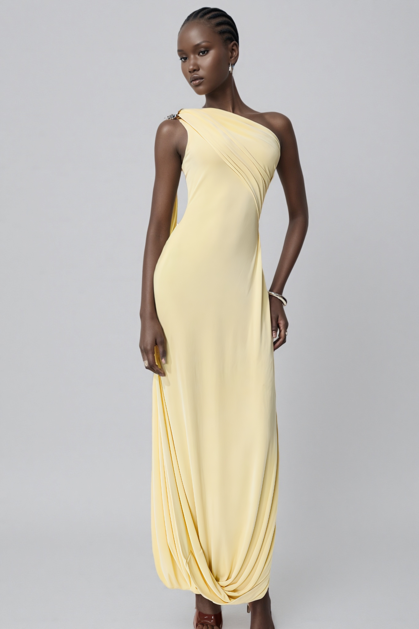 Wransa Yellow One Shoulder Draped Maxi Dress