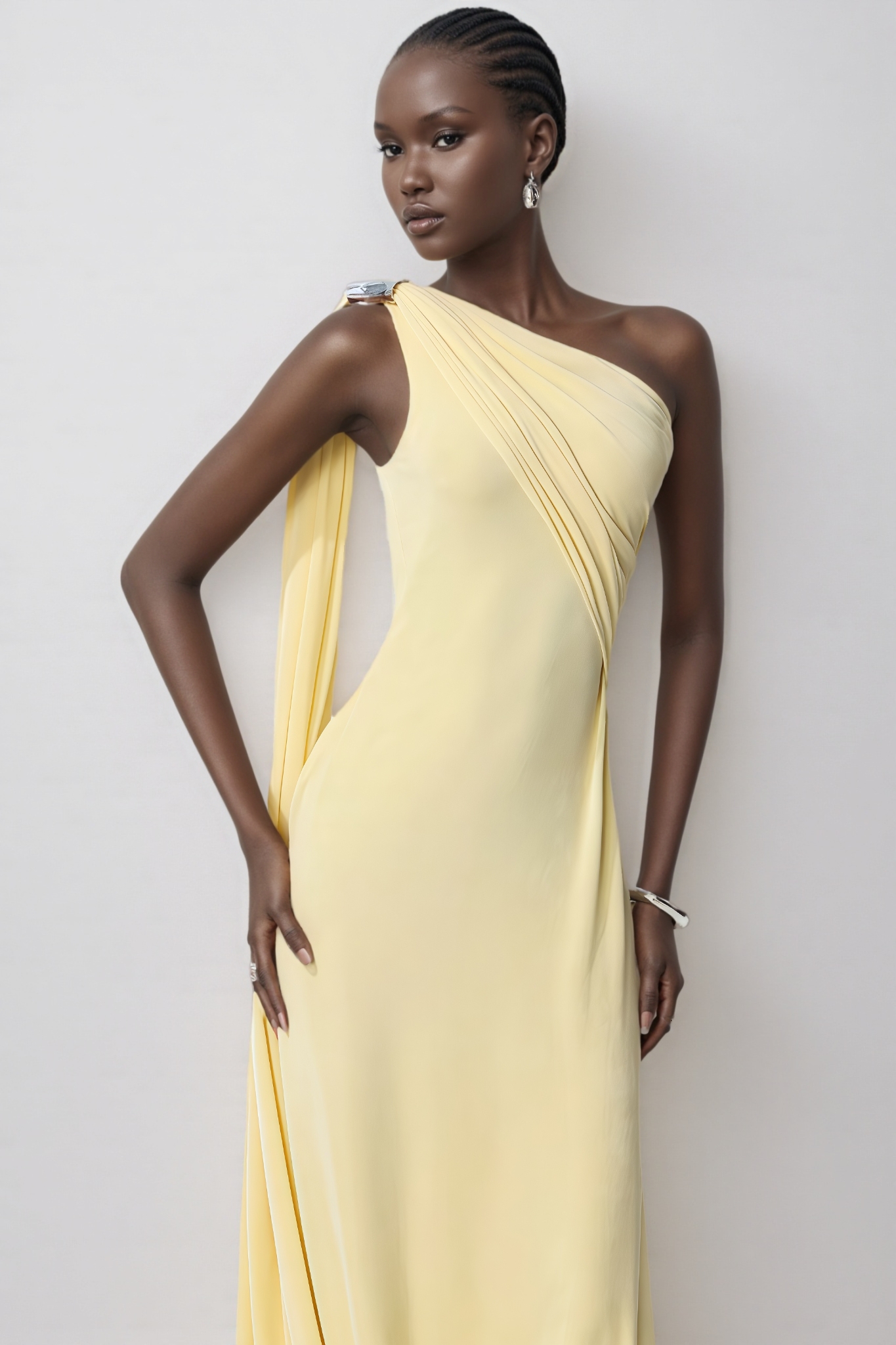 Wransa Yellow One Shoulder Draped Maxi Dress
