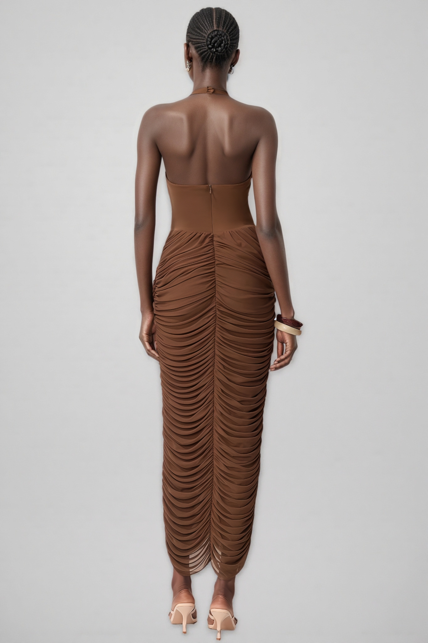 Caloise Brown Halter Neck Ruched Maxi Dress