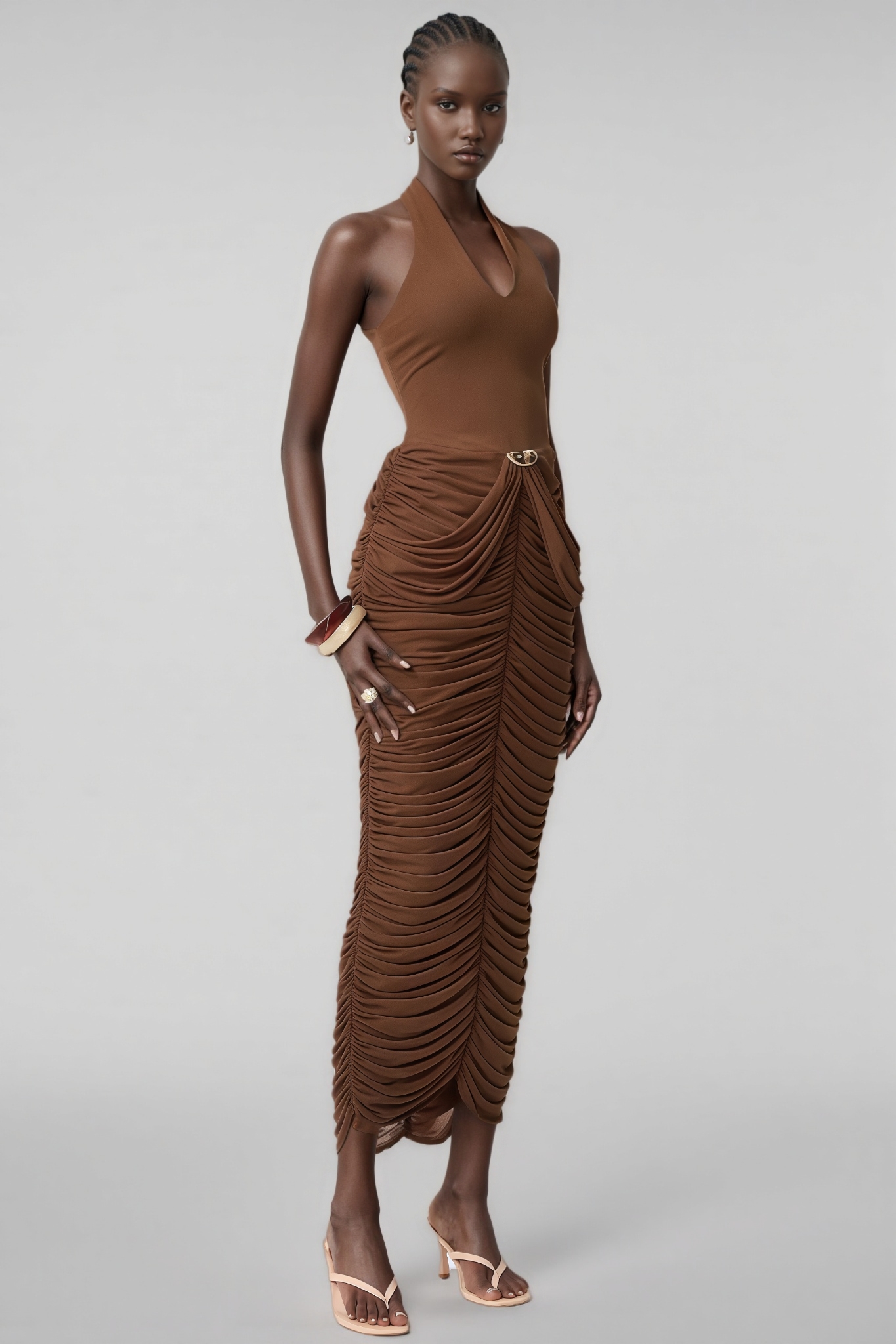 Caloise Brown Halter Neck Ruched Maxi Dress