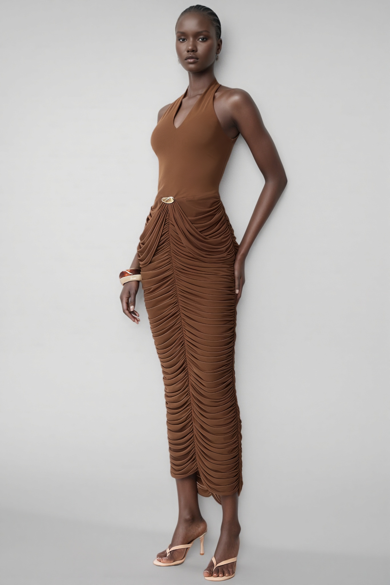 Caloise Brown Halter Neck Ruched Maxi Dress