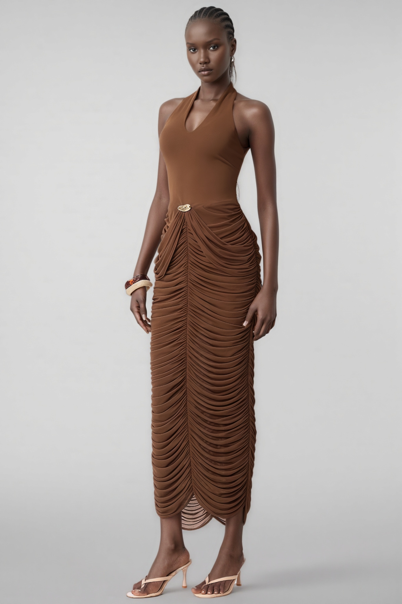 Caloise Brown Halter Neck Ruched Maxi Dress