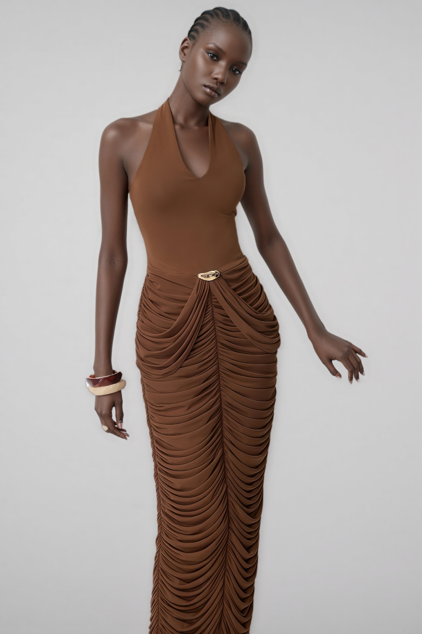 Caloise Brown Halter Neck Ruched Maxi Dress