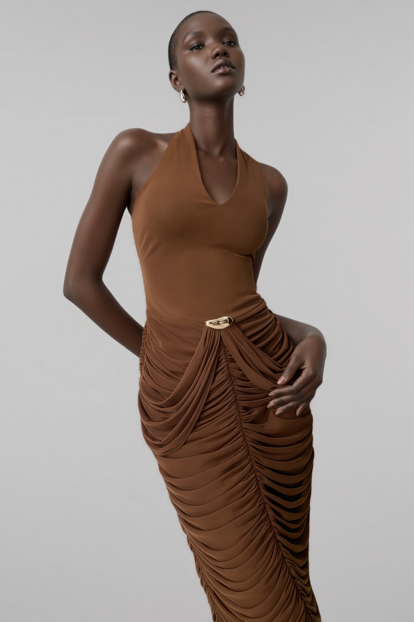 Caloise Brown Halter Neck Ruched Maxi Dress