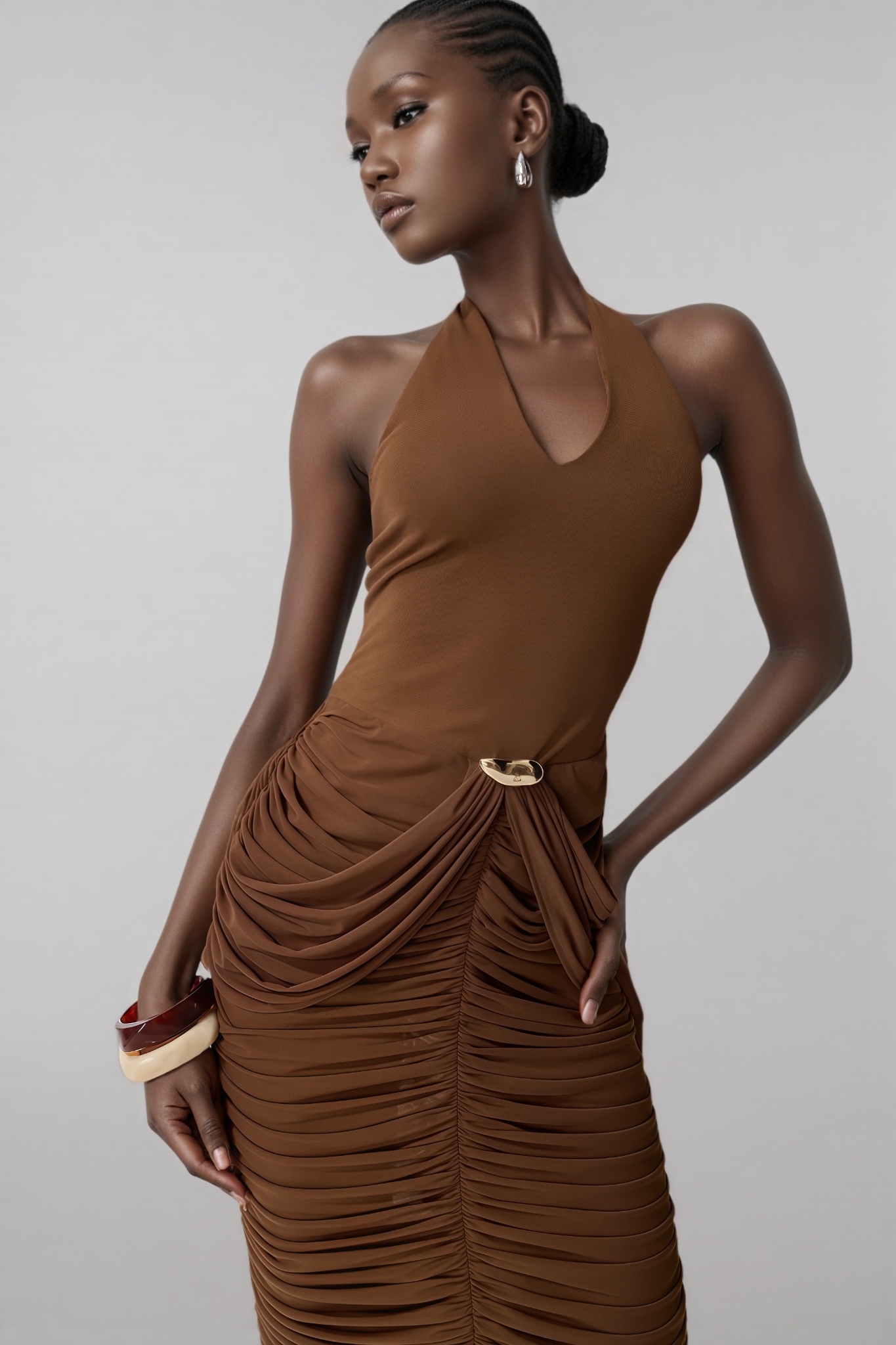 Caloise Brown Halter Neck Ruched Maxi Dress